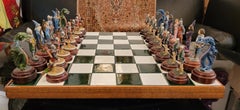 1950s Tiled Mid Century and Wood Chess Board With Chess Figurines - Set of 33