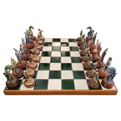 Scacchiera in maiolica del 1950 con scacchiere in Wood - Set di 33 pezzi