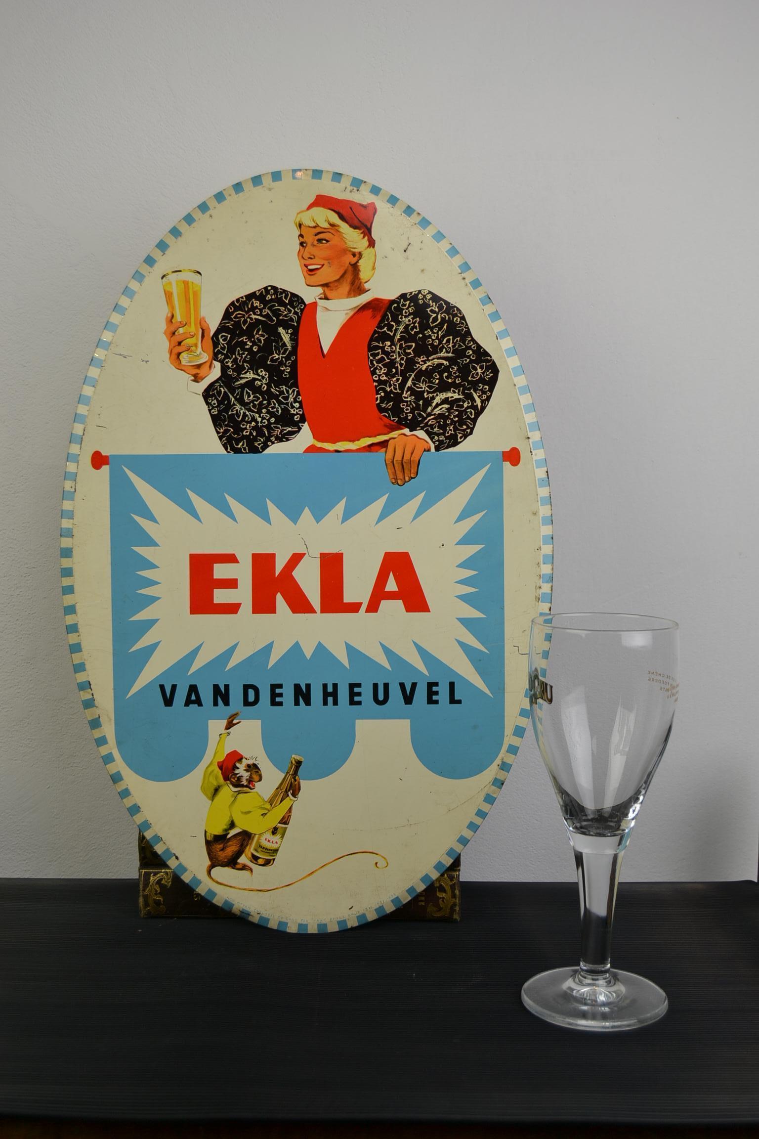 1950s Tin Advertising Beer Sign for Belgian Beer Ekla, Brewery Vandenheuvel 11