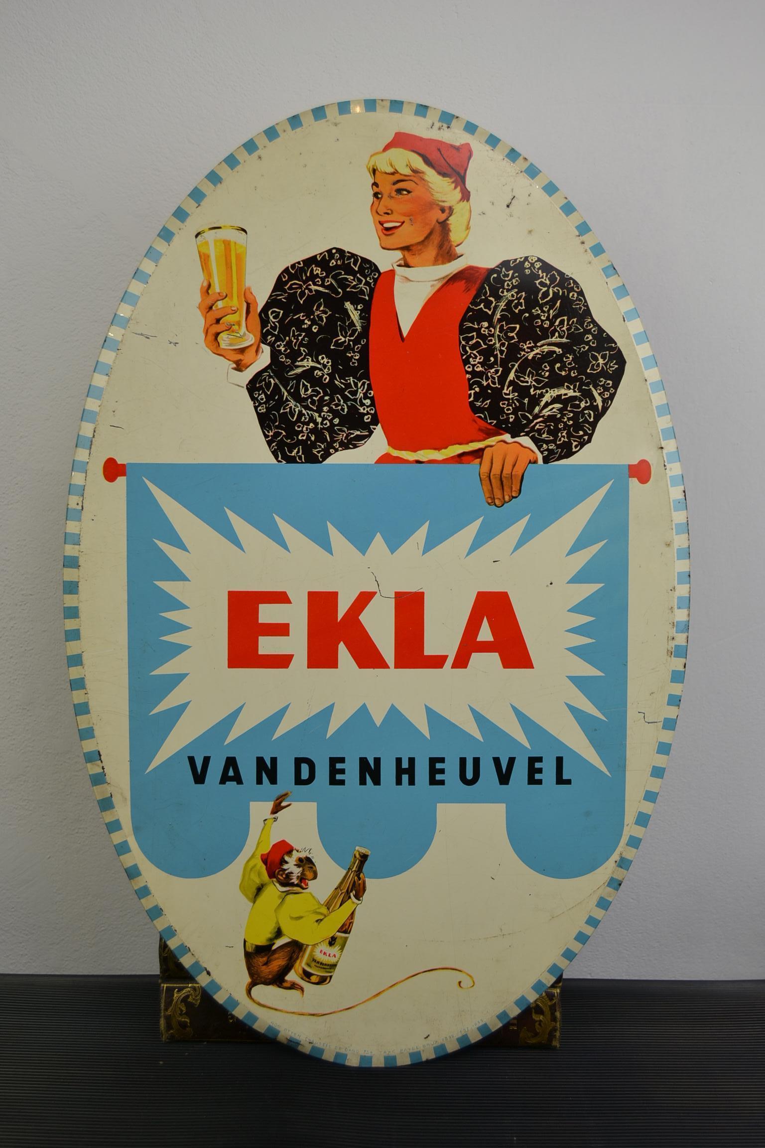 1950s Tin Advertising Beer Sign for Belgian Beer Ekla, Brewery Vandenheuvel 12