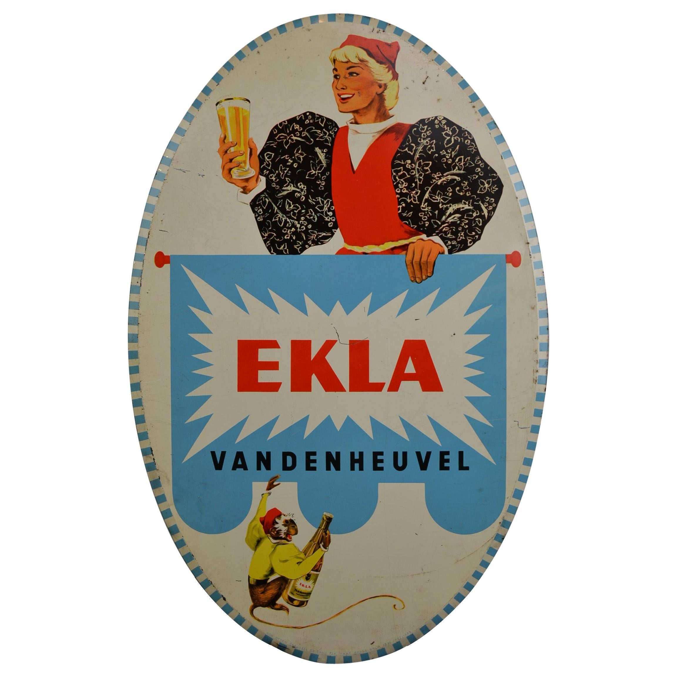 1950s Tin Advertising Beer Sign for Belgian Beer Ekla, Brewery Vandenheuvel