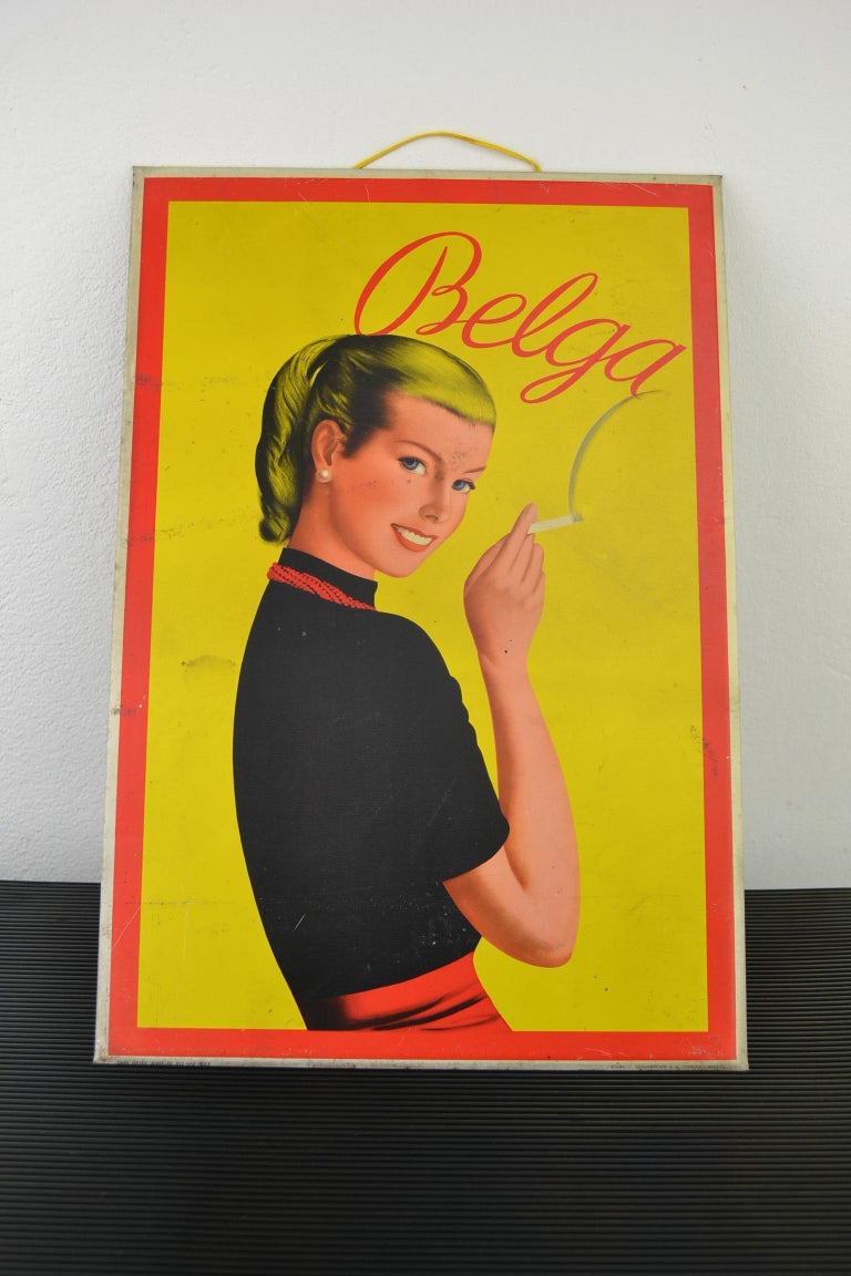 belga cigarettes 1950s Tin Advertising Sign for Belga Cigarettes, Belgium at 1stDibs
