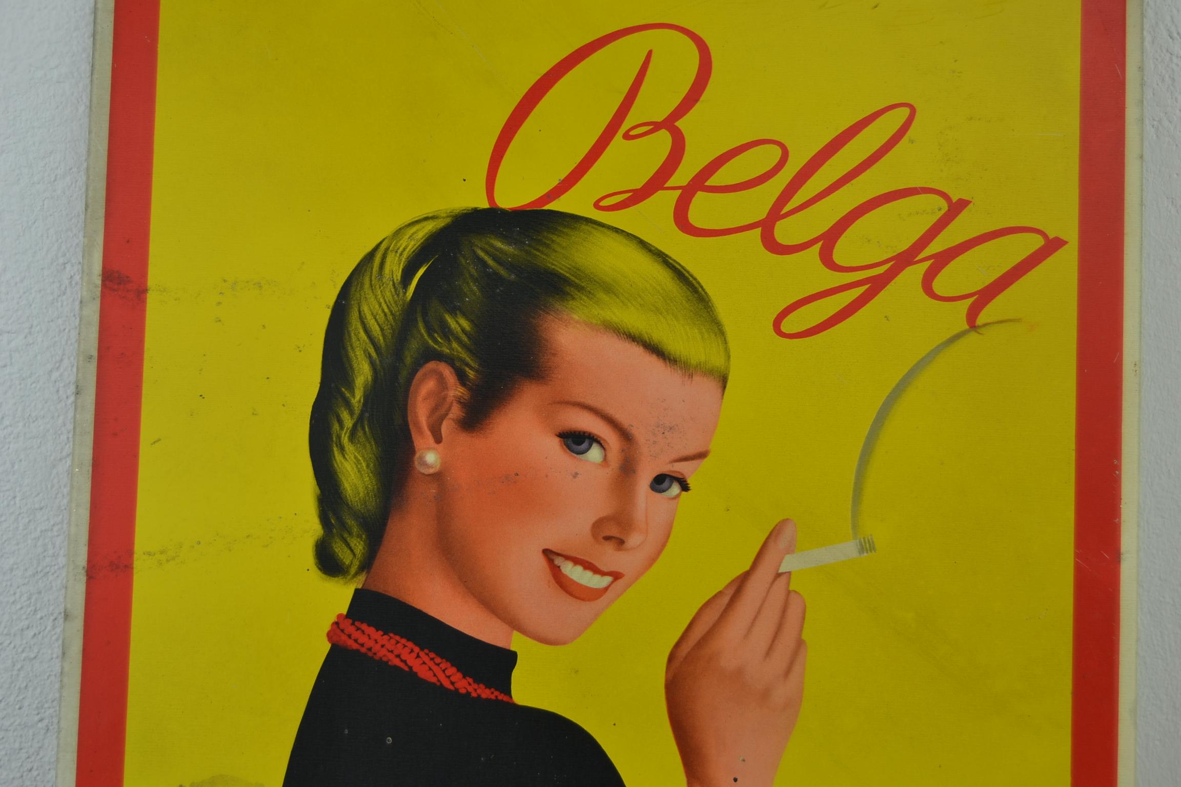 Belgian 1950s Tin Advertising Sign for Belga Cigarettes, Belgium For Sale