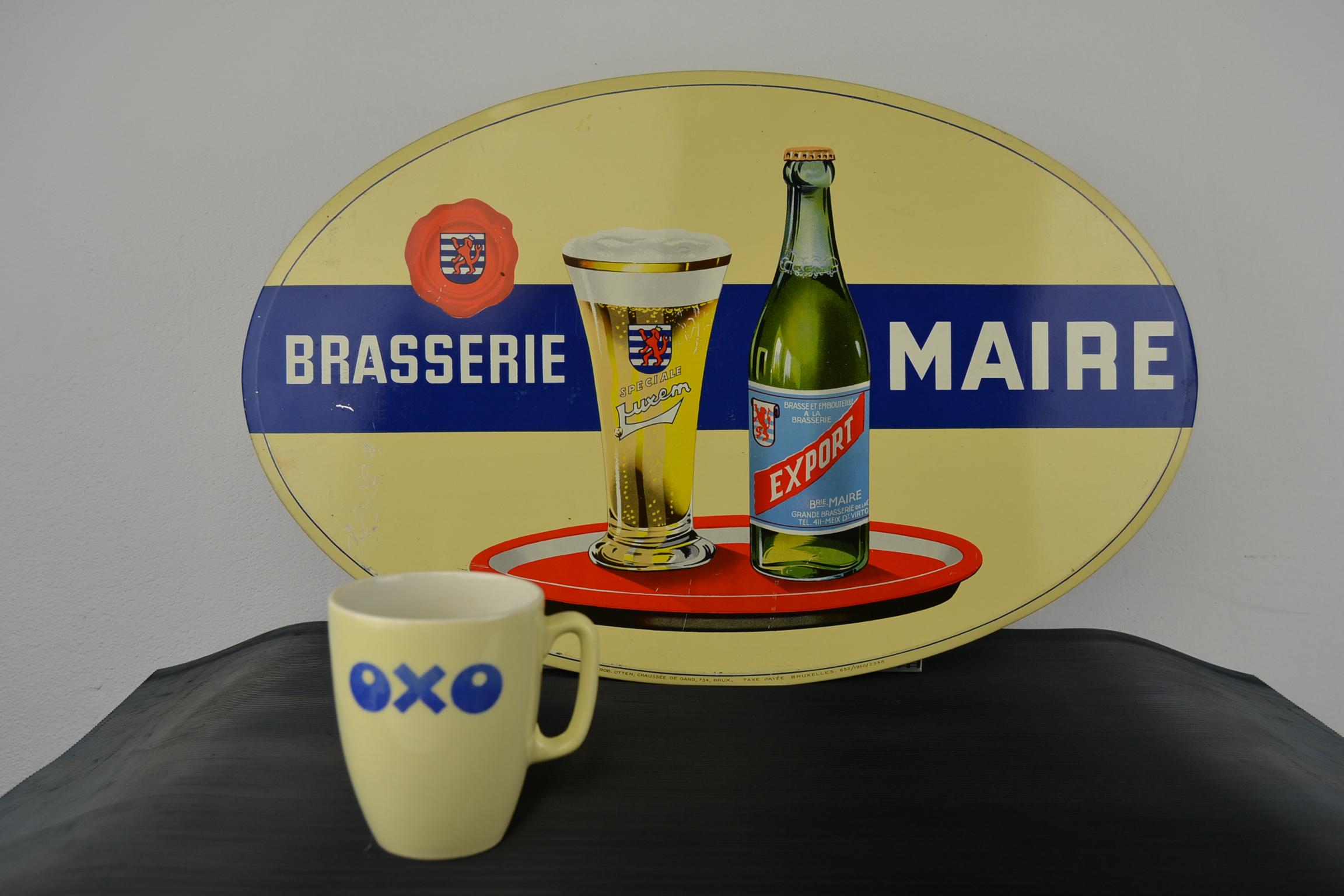1950s Tin Advertising Sign for Belgian Beer Brasserie Maire For Sale 7