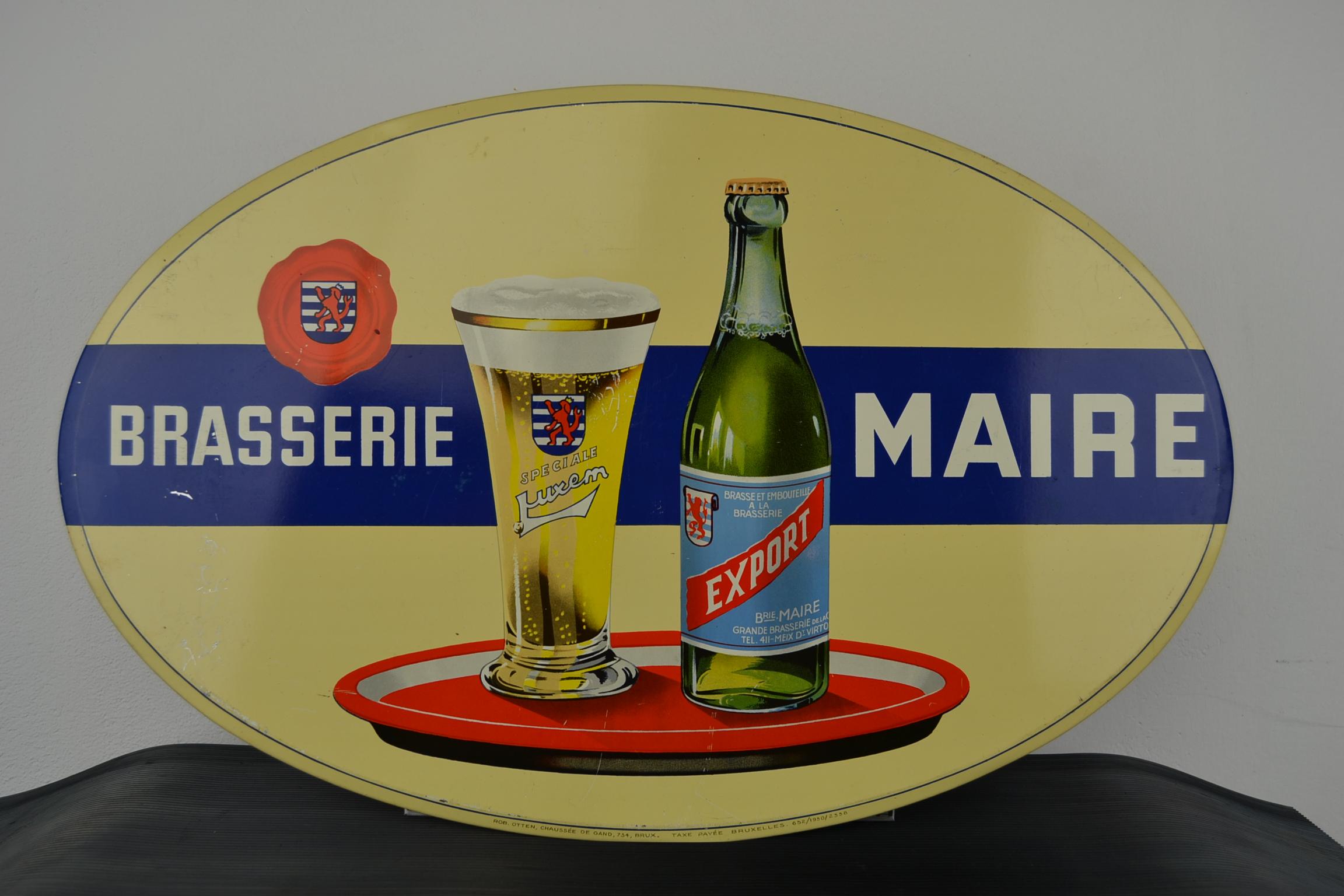 1950s Tin Advertising Sign for Belgian Beer Brasserie Maire For Sale 8