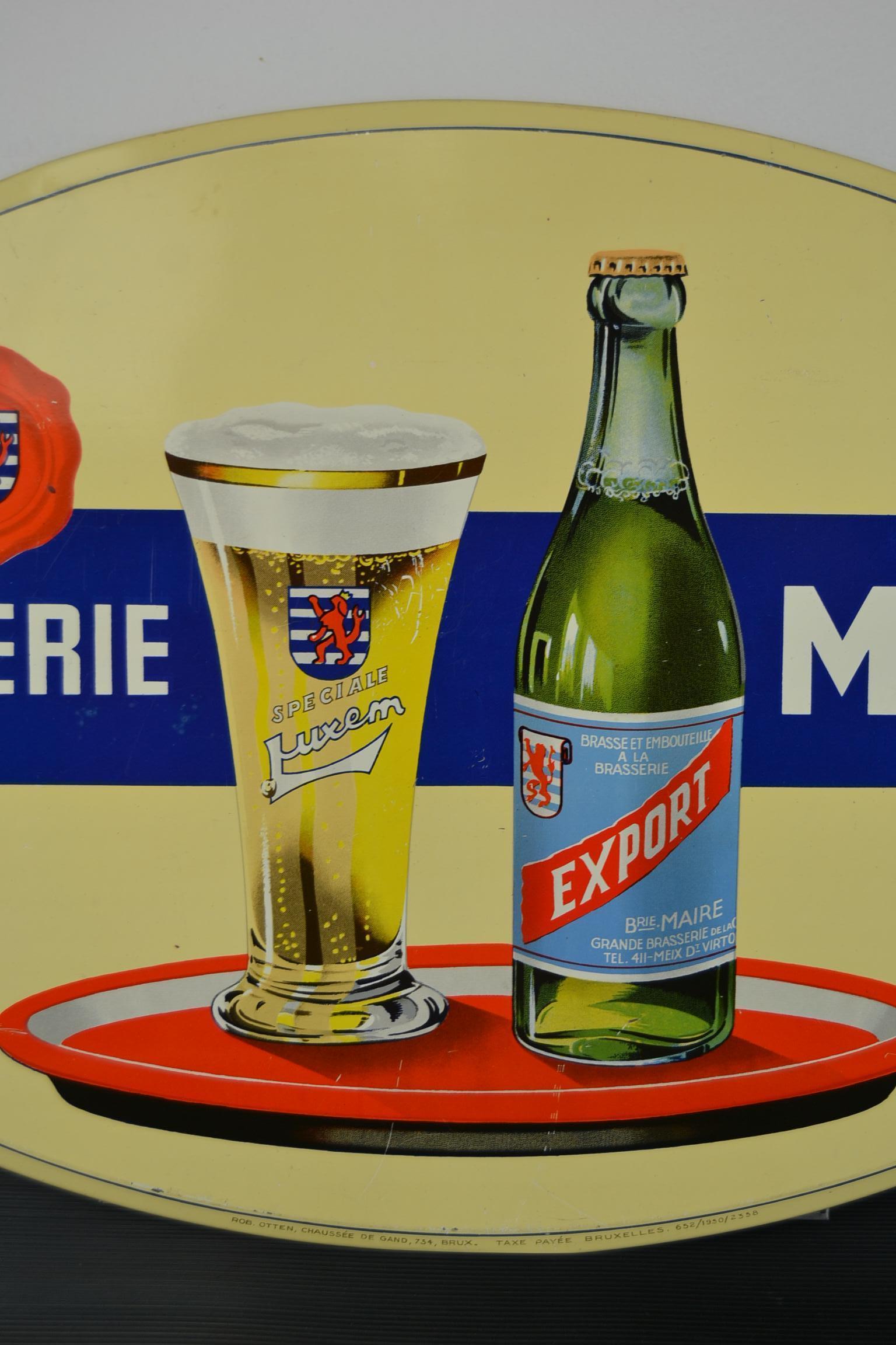 Mid-Century Modern 1950s Tin Advertising Sign for Belgian Beer Brasserie Maire For Sale