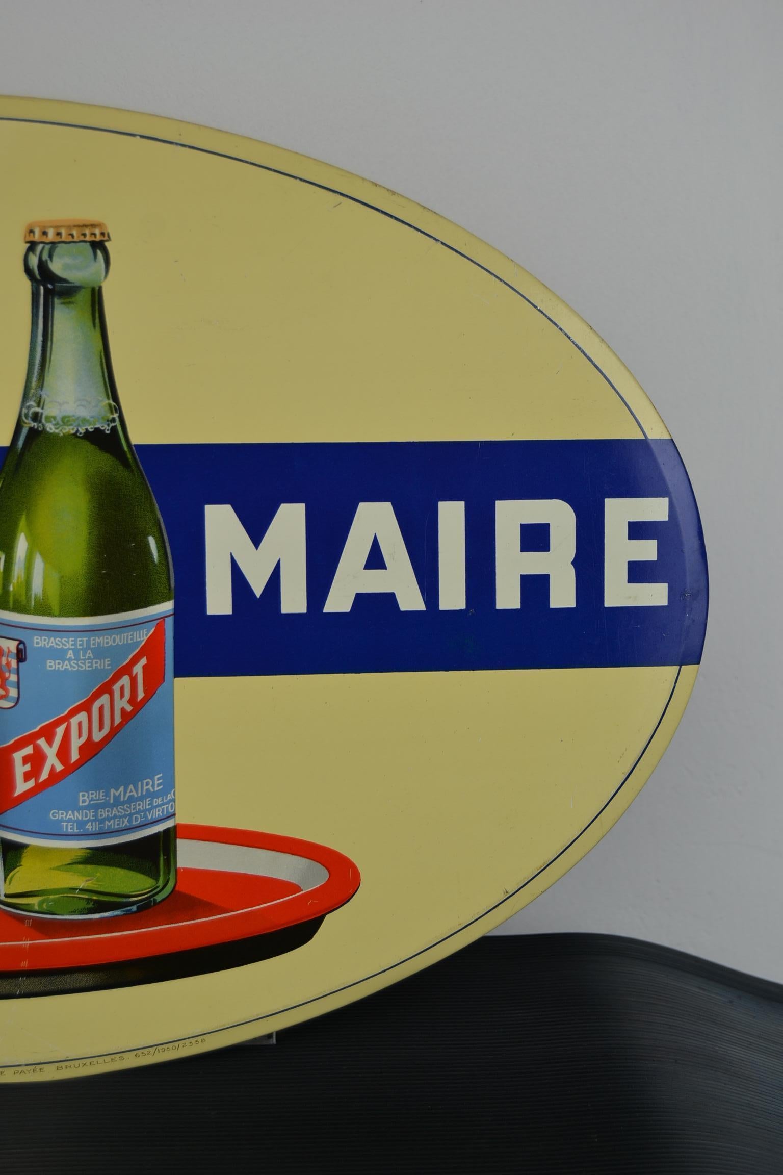 1950s Tin Advertising Sign for Belgian Beer Brasserie Maire In Good Condition For Sale In Antwerp, BE