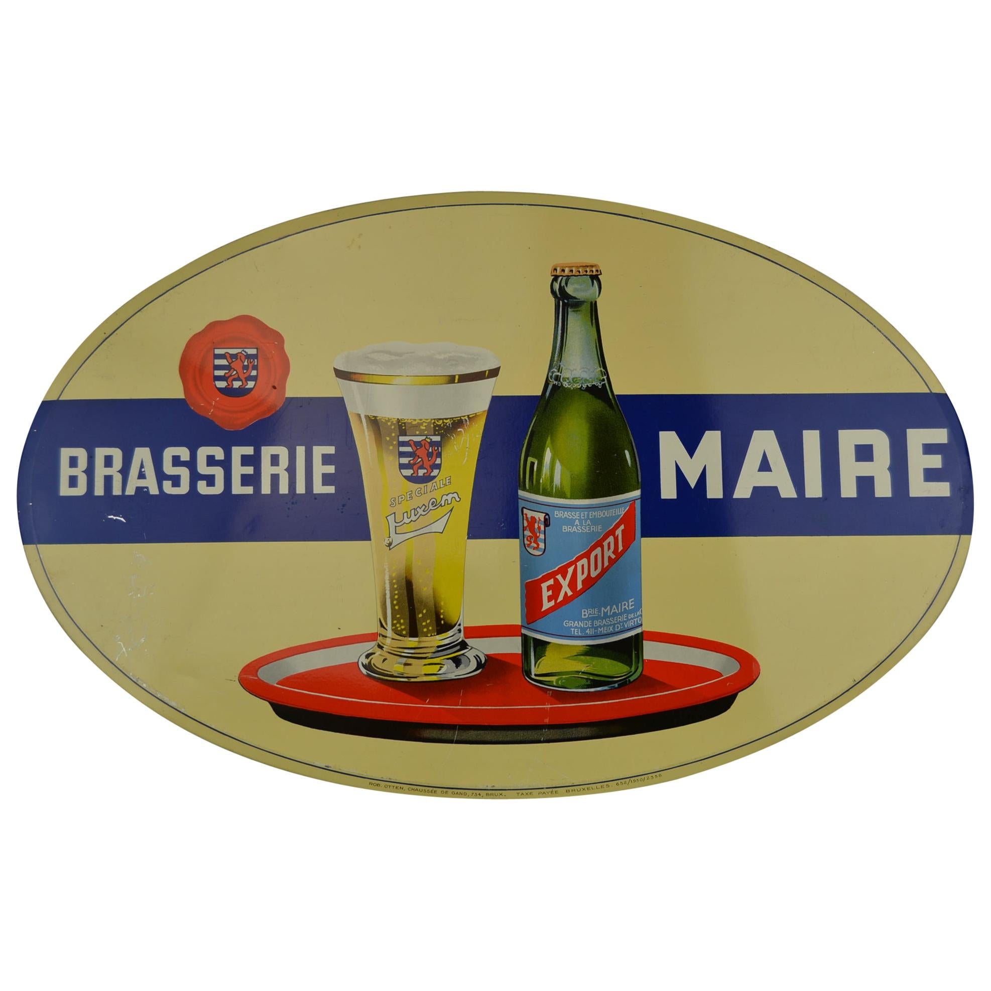1950s Tin Advertising Sign for Belgian Beer Brasserie Maire For Sale