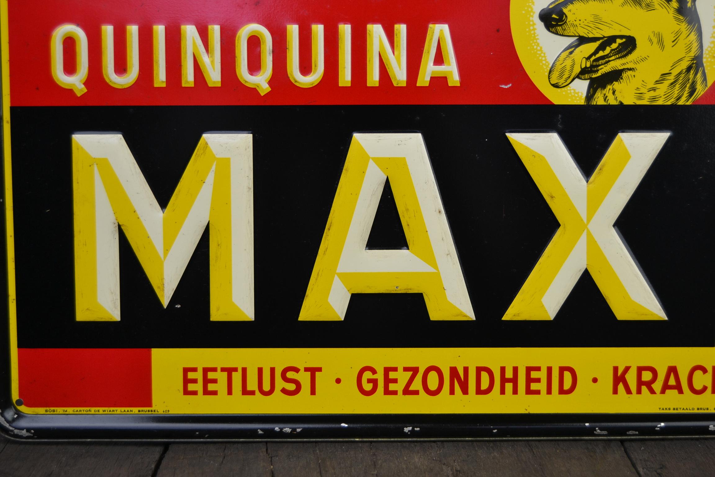 Moderne enseigne publicitaire en fer blanc des années 1950 pour Max Quinquina