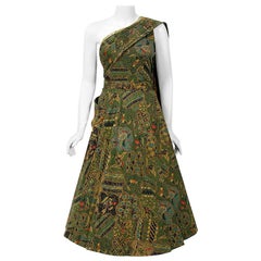 1950's Tina Leser Insect Novelty Print Cotton One-Shoulder Shawl Sun Dress 