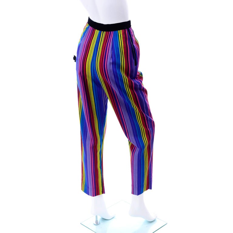 Women's 1950s Tina Leser Rainbow Striped Vintage High Waisted Pants w/ Pom Pom Deadstock For Sale