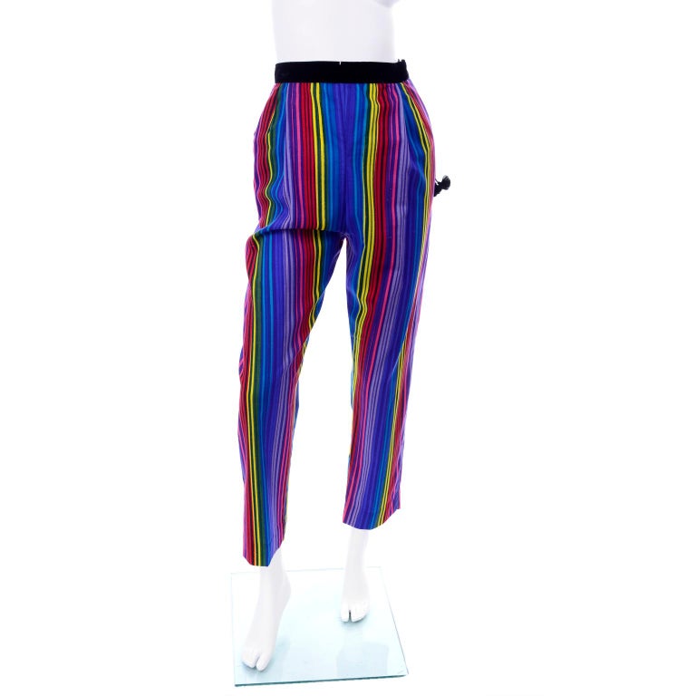 Purple 1950s Tina Leser Rainbow Striped Vintage High Waisted Pants w/ Pom Pom Deadstock For Sale