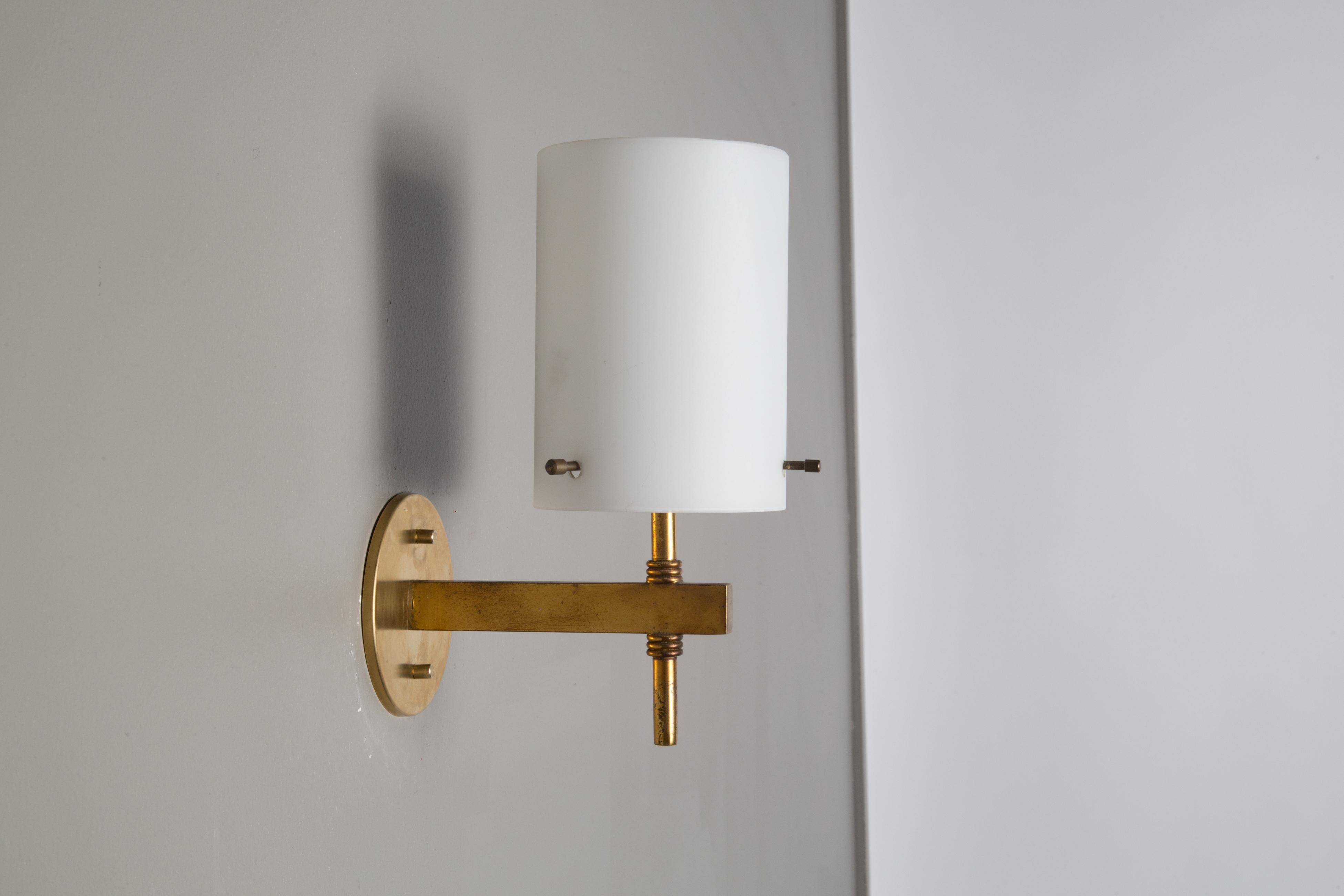 1950s Tito Agnoli Brass & Glass Cylindrical Wall Lamp for O-Luce 2