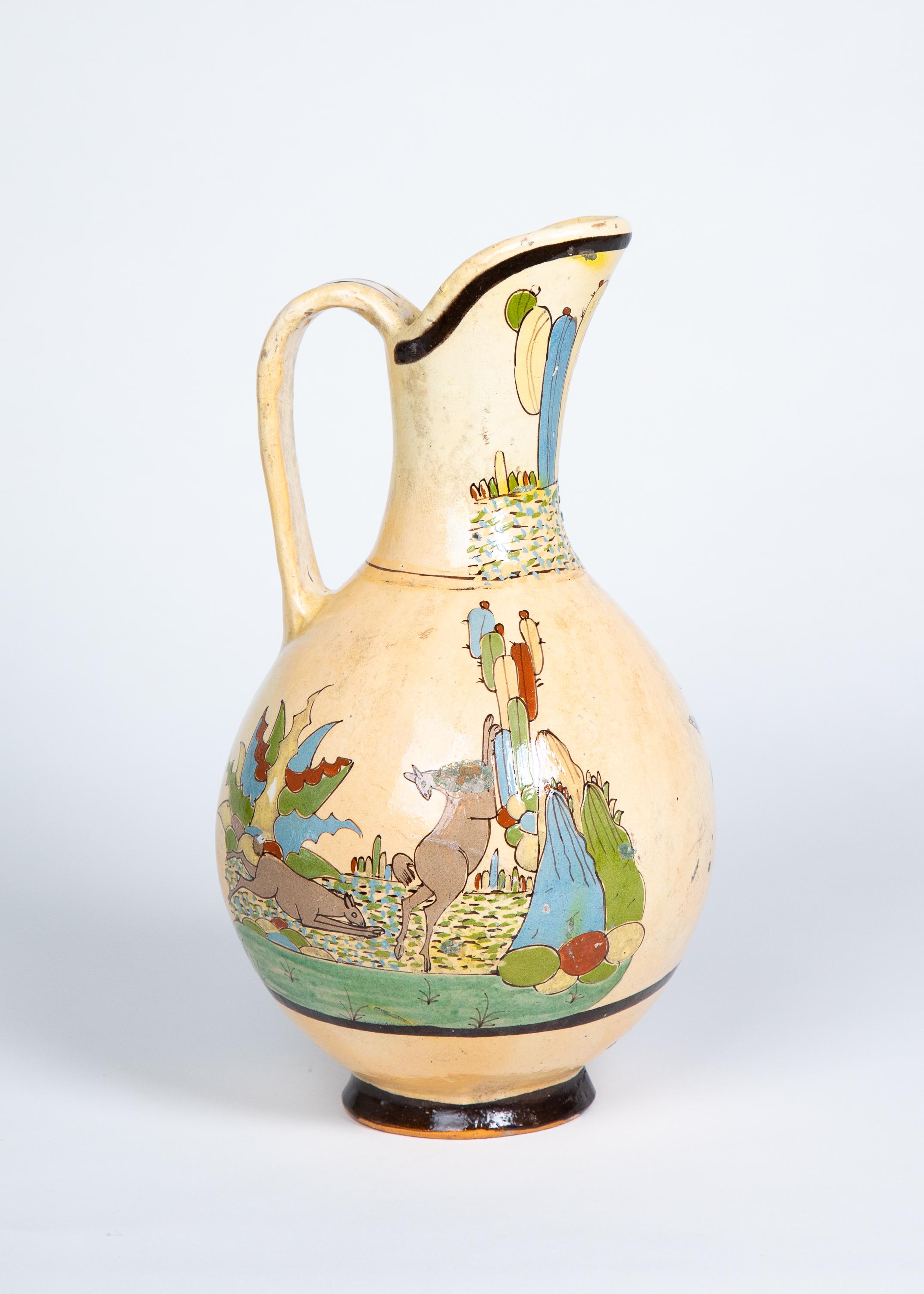 Folk Art 1950s Tlaquepaque Mexican Hand Painted Ceramic Water Pitcher