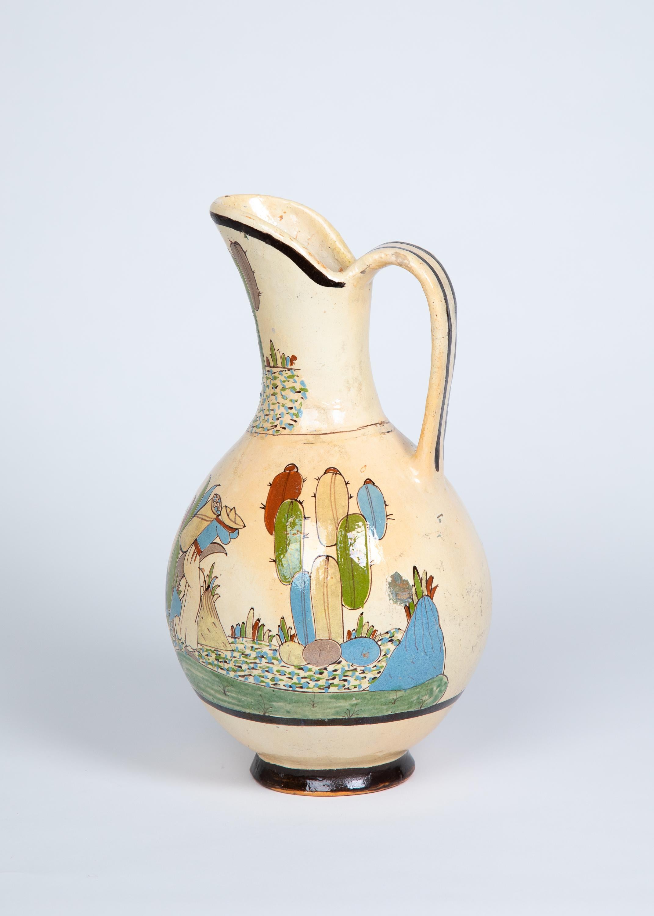 Hand-Crafted 1950s Tlaquepaque Mexican Hand Painted Ceramic Water Pitcher