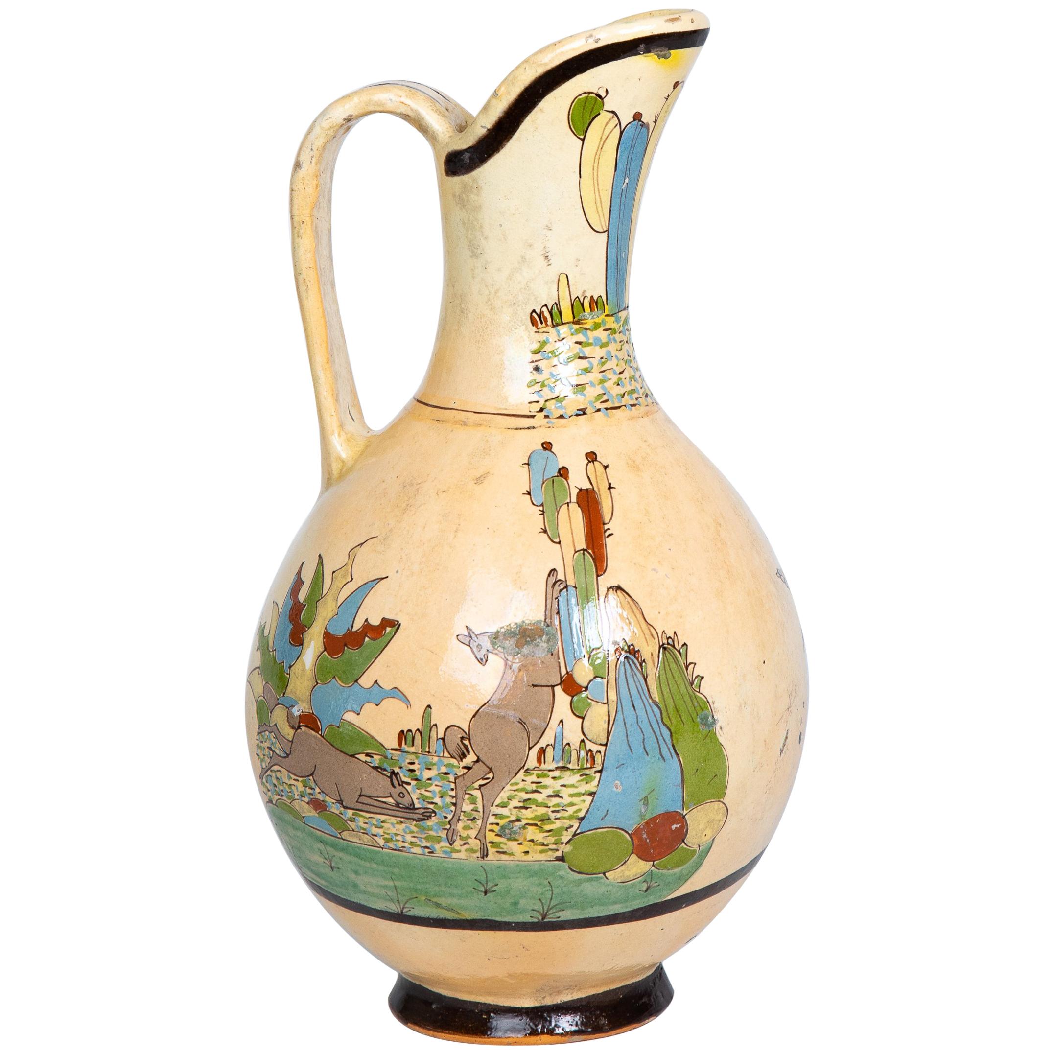 1950s Tlaquepaque Mexican Hand Painted Ceramic Water Pitcher