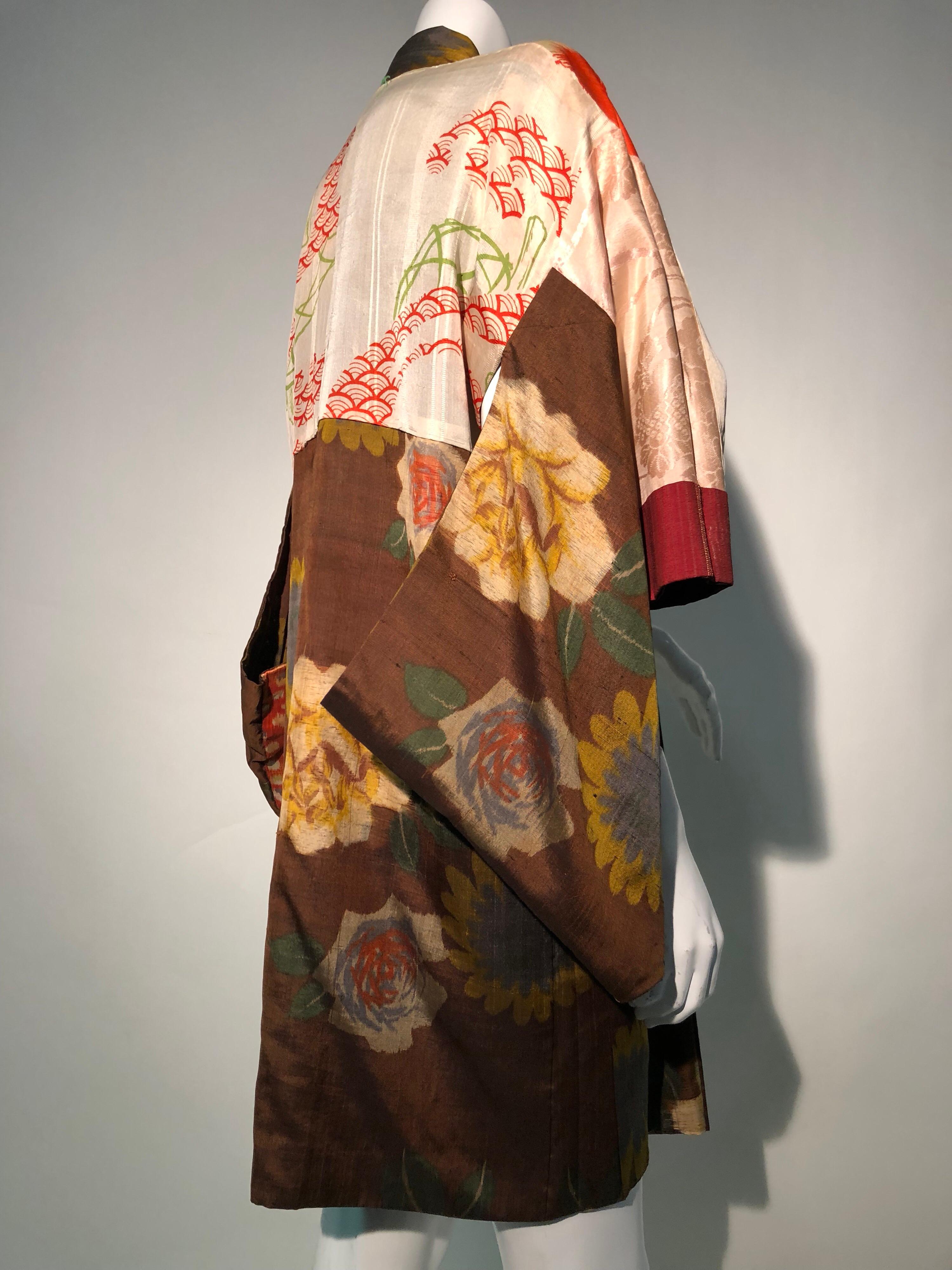 1950s Tobacco Brown Silk Kimono W/ Autumnal Floral Pattern & Contrasting Lining 4