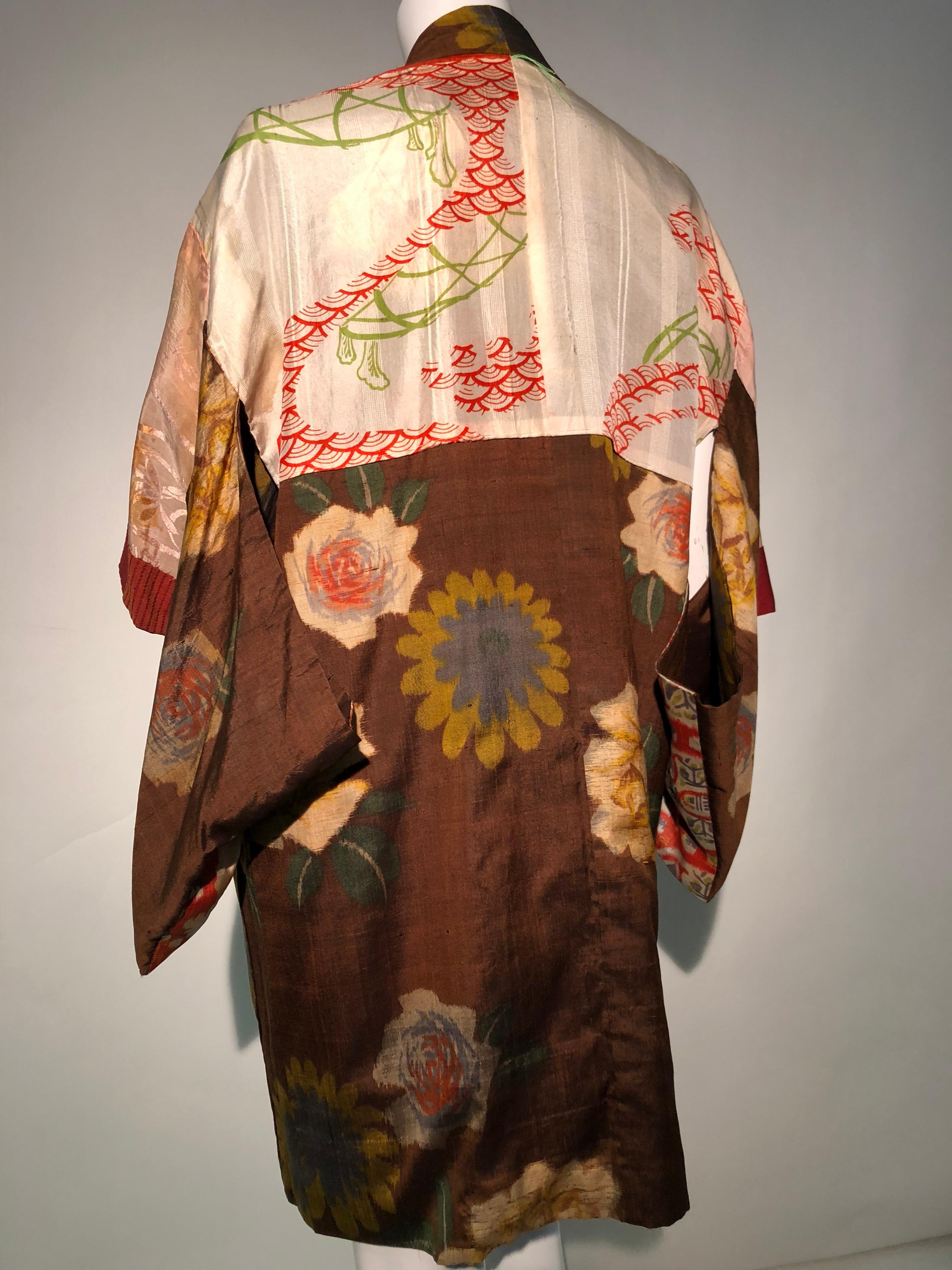 1950s Tobacco Brown Silk Kimono W/ Autumnal Floral Pattern & Contrasting Lining 5