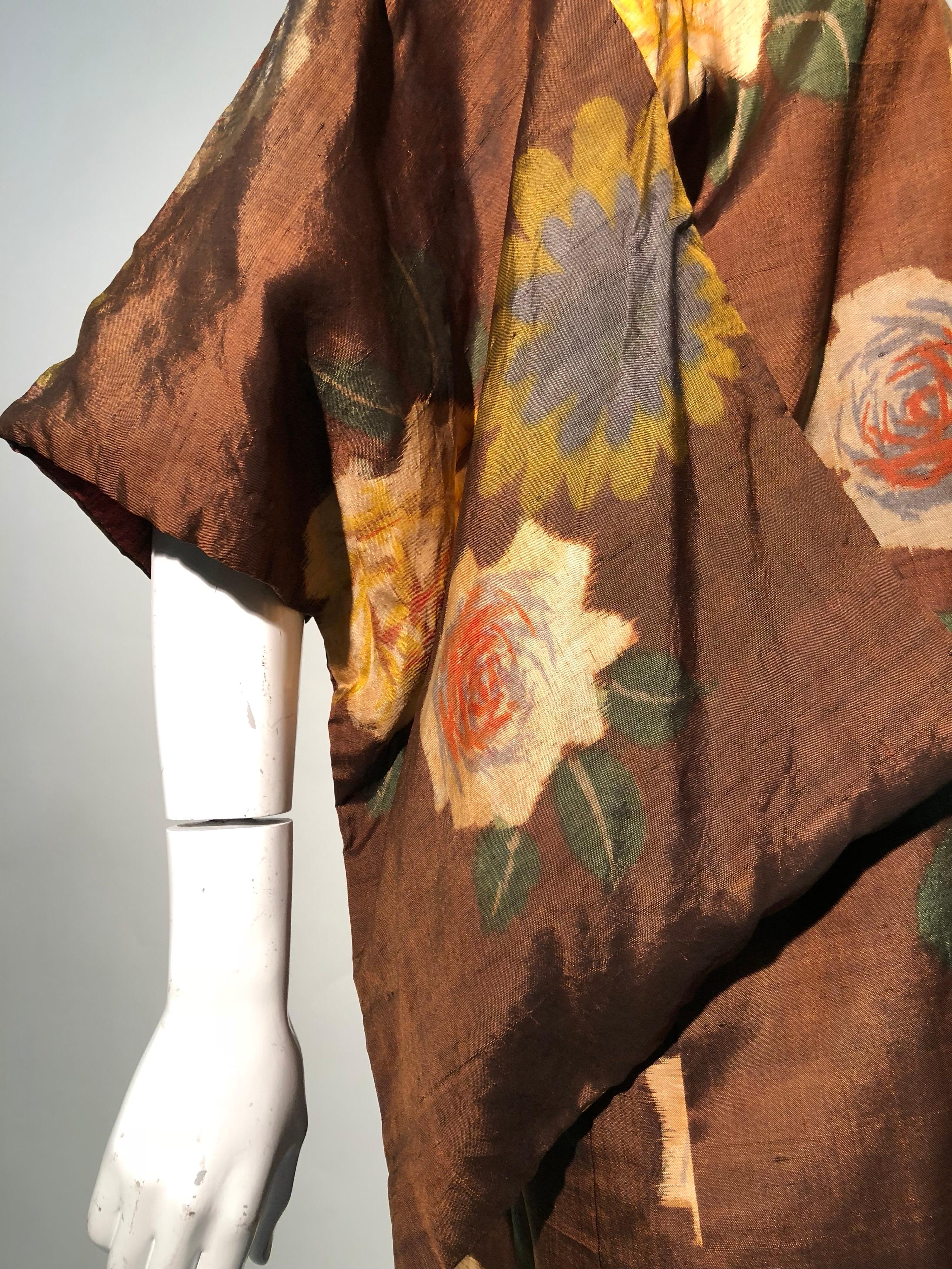 1950s Tobacco Brown Silk Kimono W/ Autumnal Floral Pattern & Contrasting Lining (Braun)