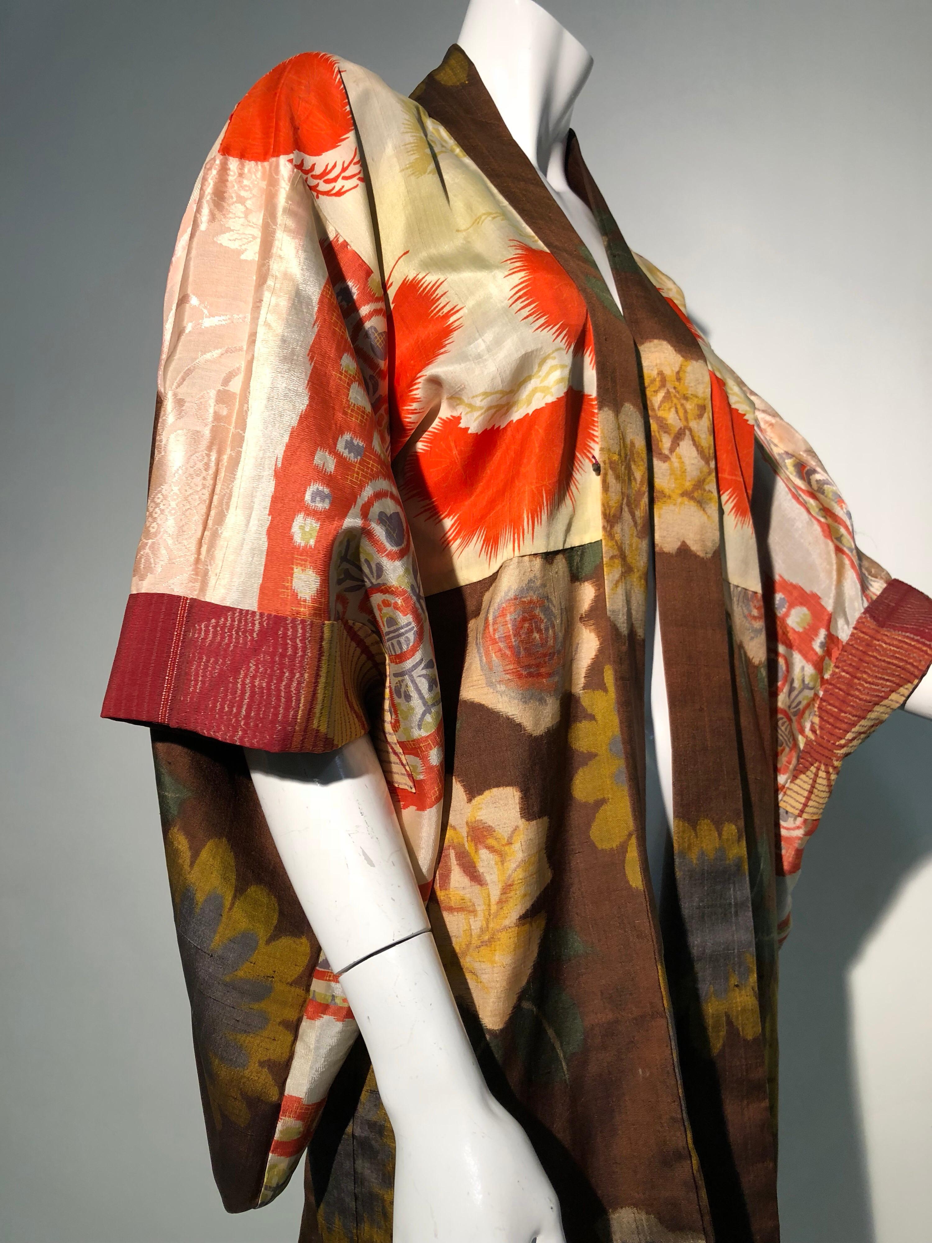 1950s Tobacco Brown Silk Kimono W/ Autumnal Floral Pattern & Contrasting Lining 2