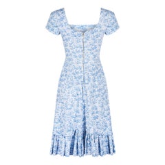 1950s Toile de Jouy Blue and White Cotton Dress