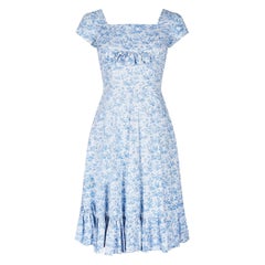 1950s Toile de Jouy Blue and White Cotton Dress