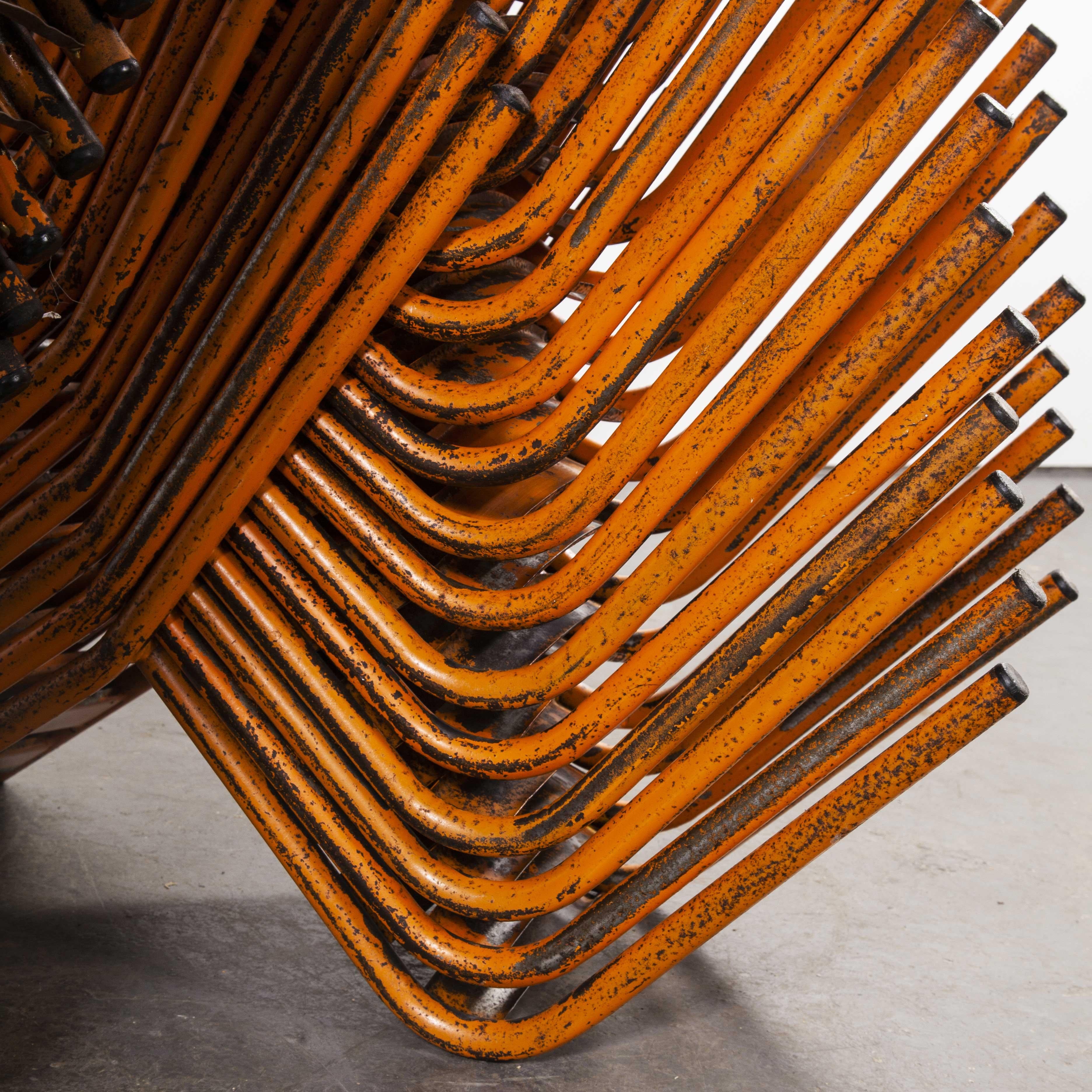 1950s Toledo orange metal stacking outdoor chairs - good quantity available

1950s Toledo orange metal stacking outdoor chairs - good quantity available. Reminiscent of Tolix but not made by Tolix, the ‘Toledo’ chair was industrially produced in