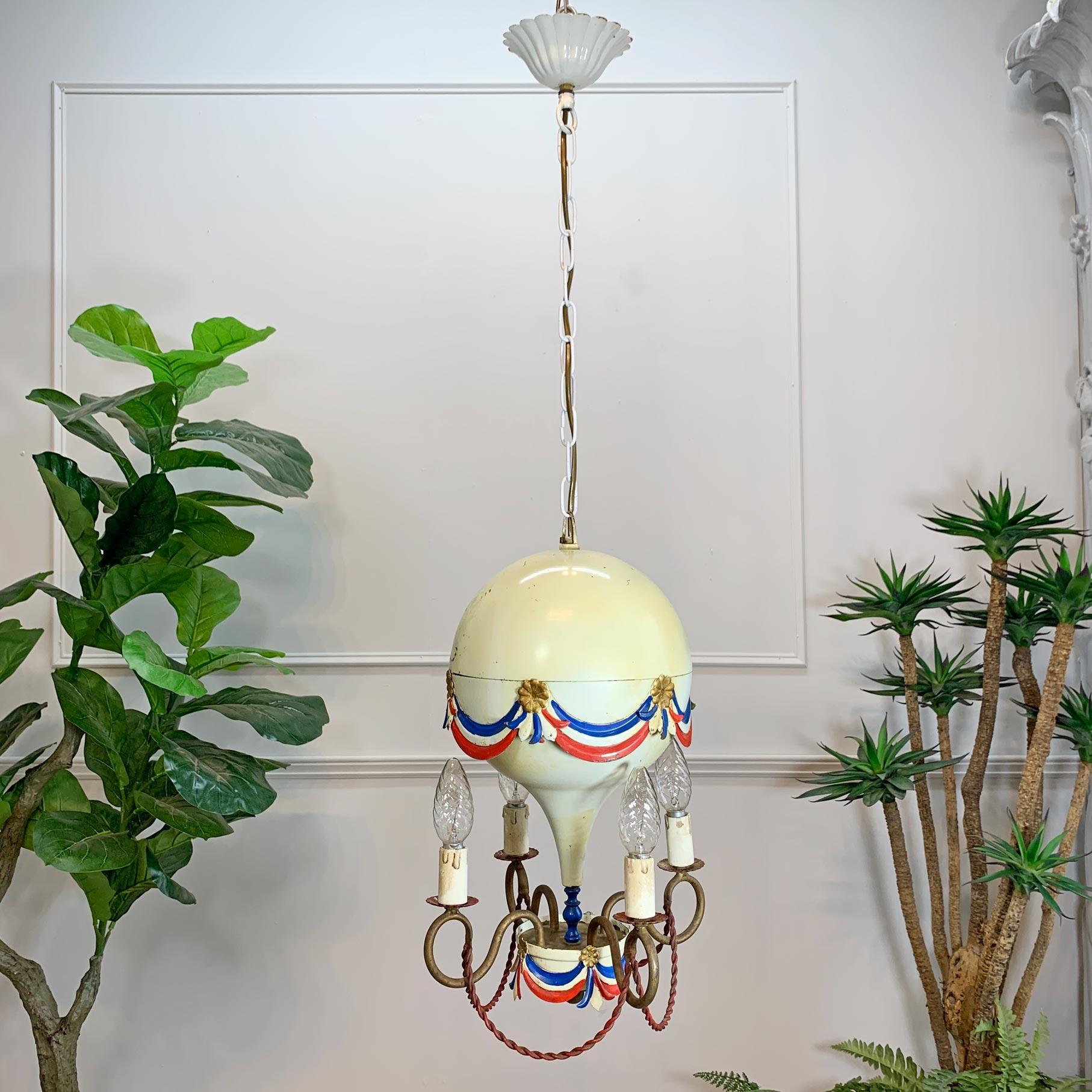 Metal 1950’s White Toleware Hot Air Balloon Chandelier For Sale