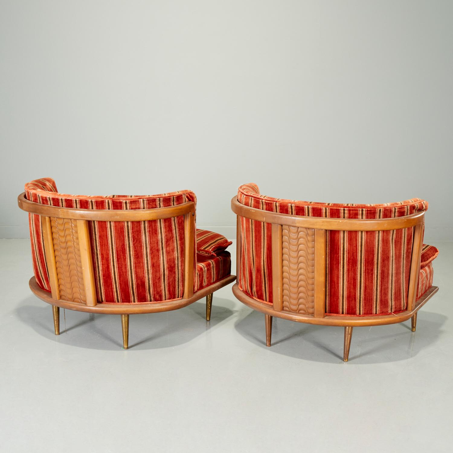 Hand-Crafted 1950's Tomlinson Slipper Chairs in Vibrant Striped Upholstery, a Pair