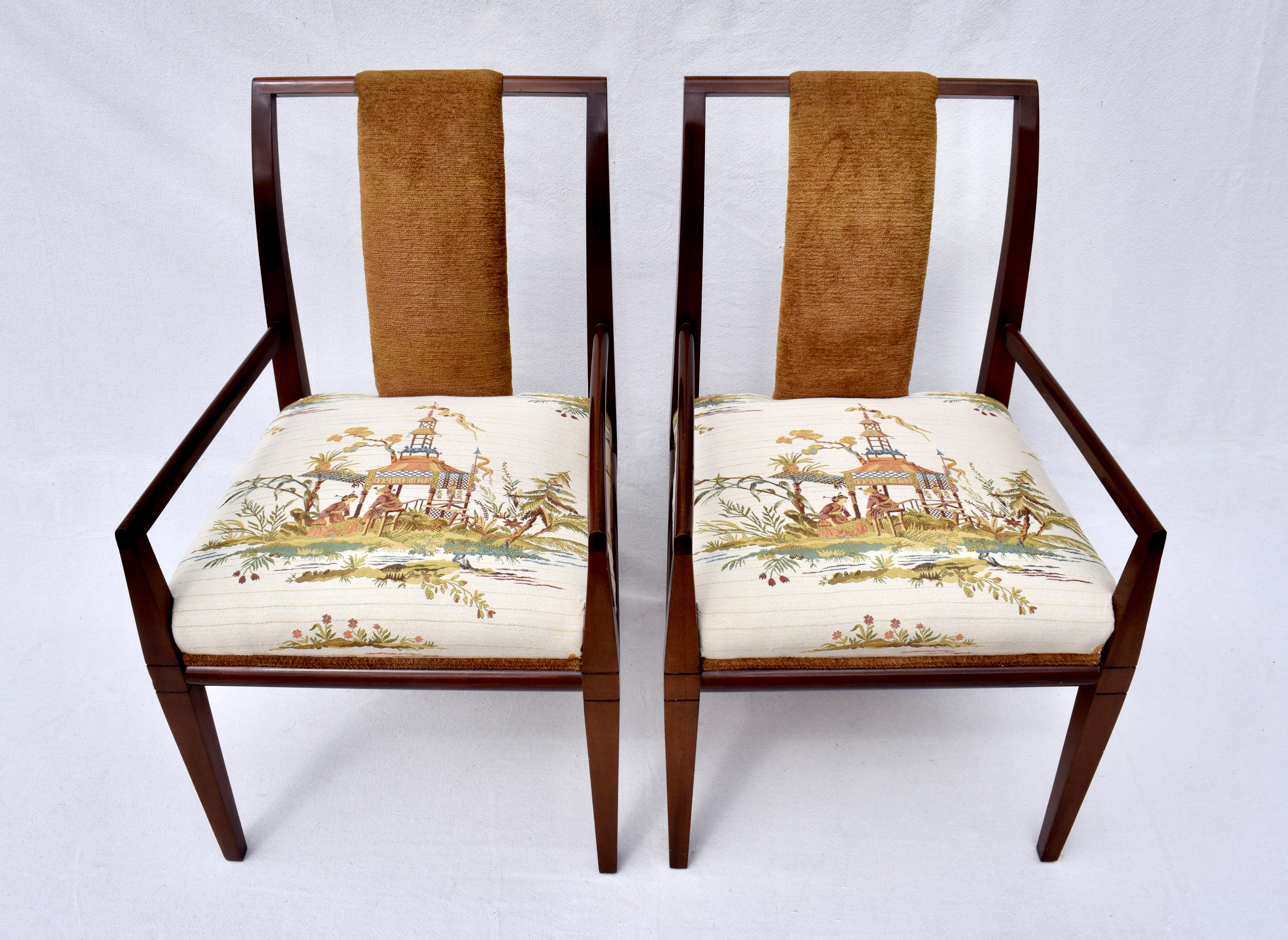 Set of 6 Mahogany dining chairs for Parzinger Originals newly upholstered in Brunschwig & Fils woven Chinoiserie fabric. Circa 1950's in excellent vintage condition; ready for use.
Captain Chair dimensions: Two @ 22