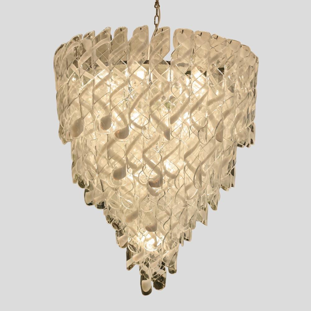 Mid-20th Century 1950s Torciglione blown Murano glass clear and white components ceiling light    For Sale