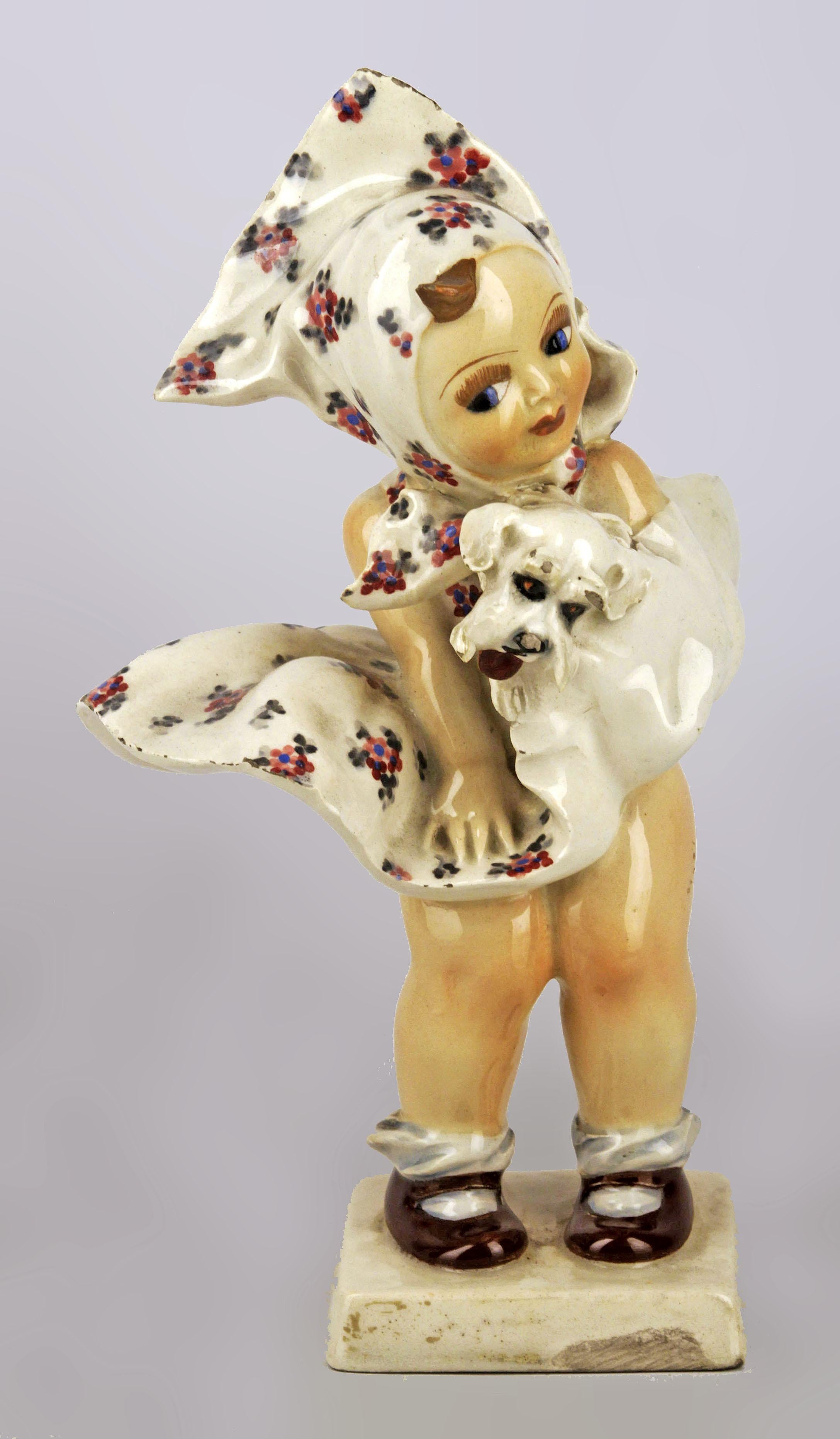 1950s italian Torino hand-painted glazed ceramic sculpture of a girl with dress and dog signed by C. Mollica

By: C. Mollica
Material: ceramic, paint
Technique: molded, pressed, painted, hand-painted, glazed
Dimensions: 5 in x 6 in x 10 in
Date: