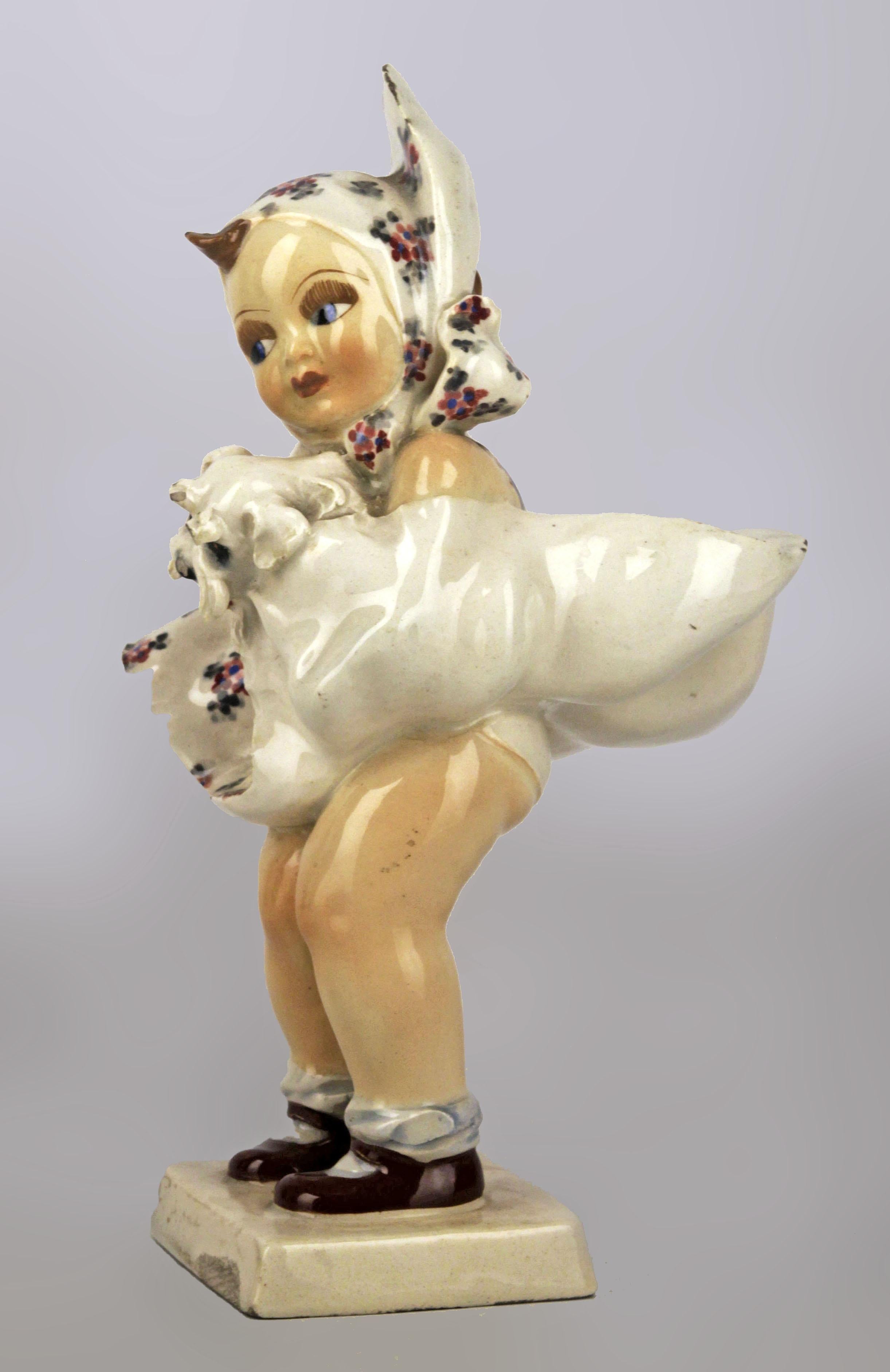 Rococo Revival 1950s Torino Hand-Painted Glazed Ceramic Sculpture of Girl and Dog by C. Mollica For Sale