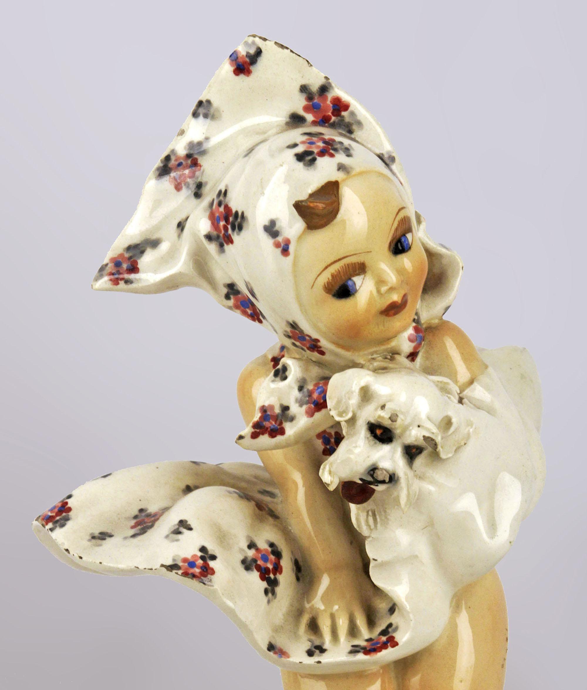 1950s Torino Hand-Painted Glazed Ceramic Sculpture of Girl and Dog by C. Mollica In Good Condition For Sale In North Miami, FL