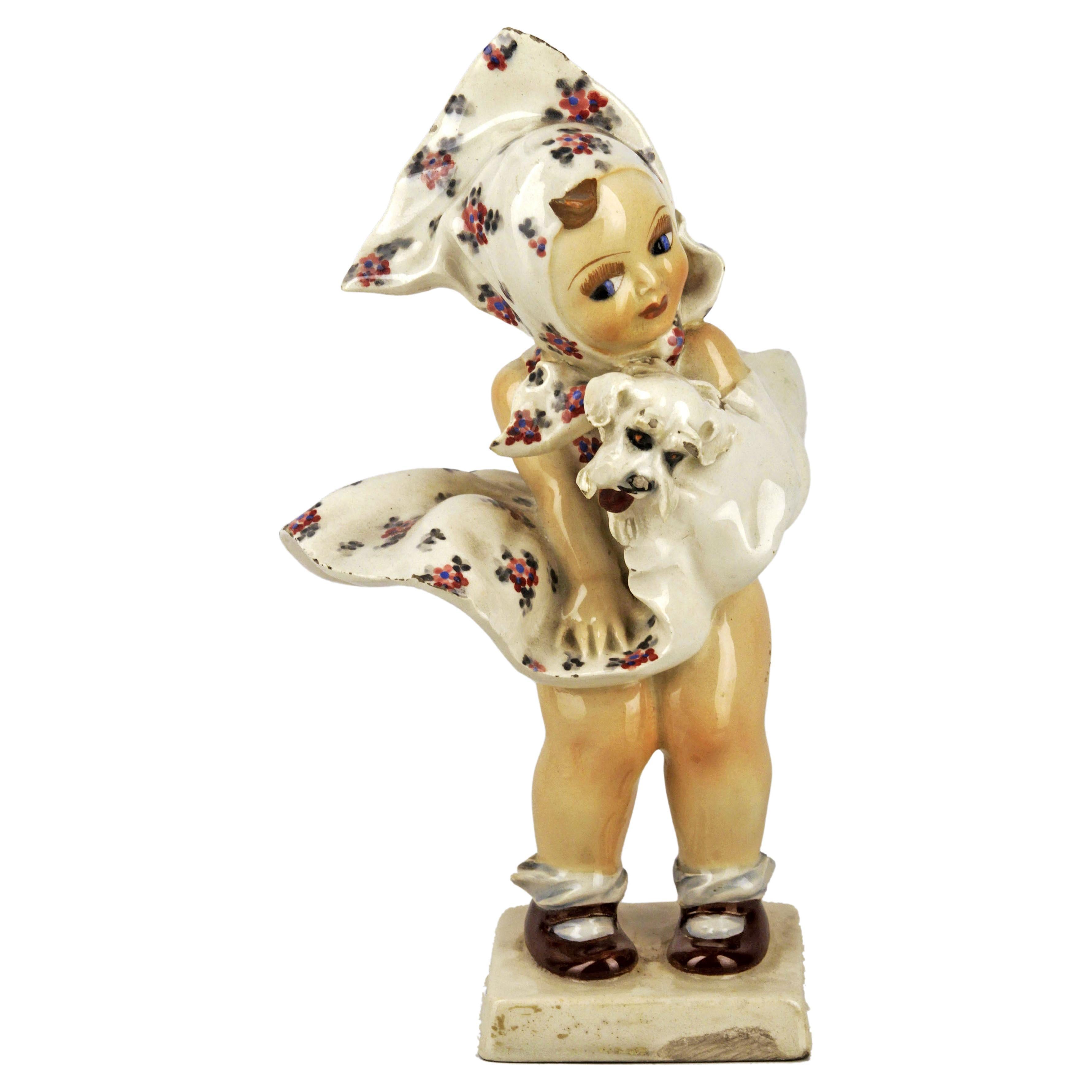 Sculpture de fille et de chien en céramique émaillée peinte à la main par C.I.C. dans les années 1950 en vente