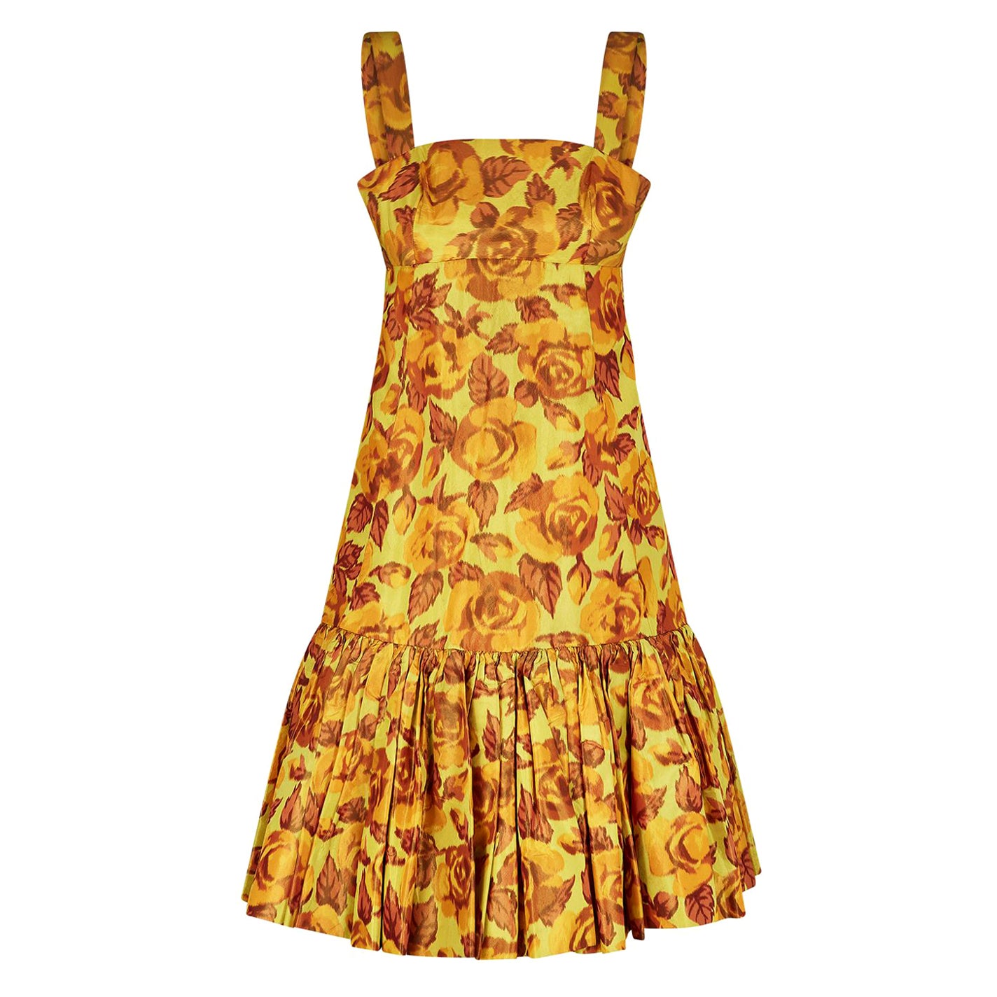 Traina-Norrell - Robe en taffetas de soie jaune imprimé rose, années 1950