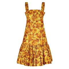 1950s Traina-Norrell Yellow Taffeta Silk Rose Print Dress