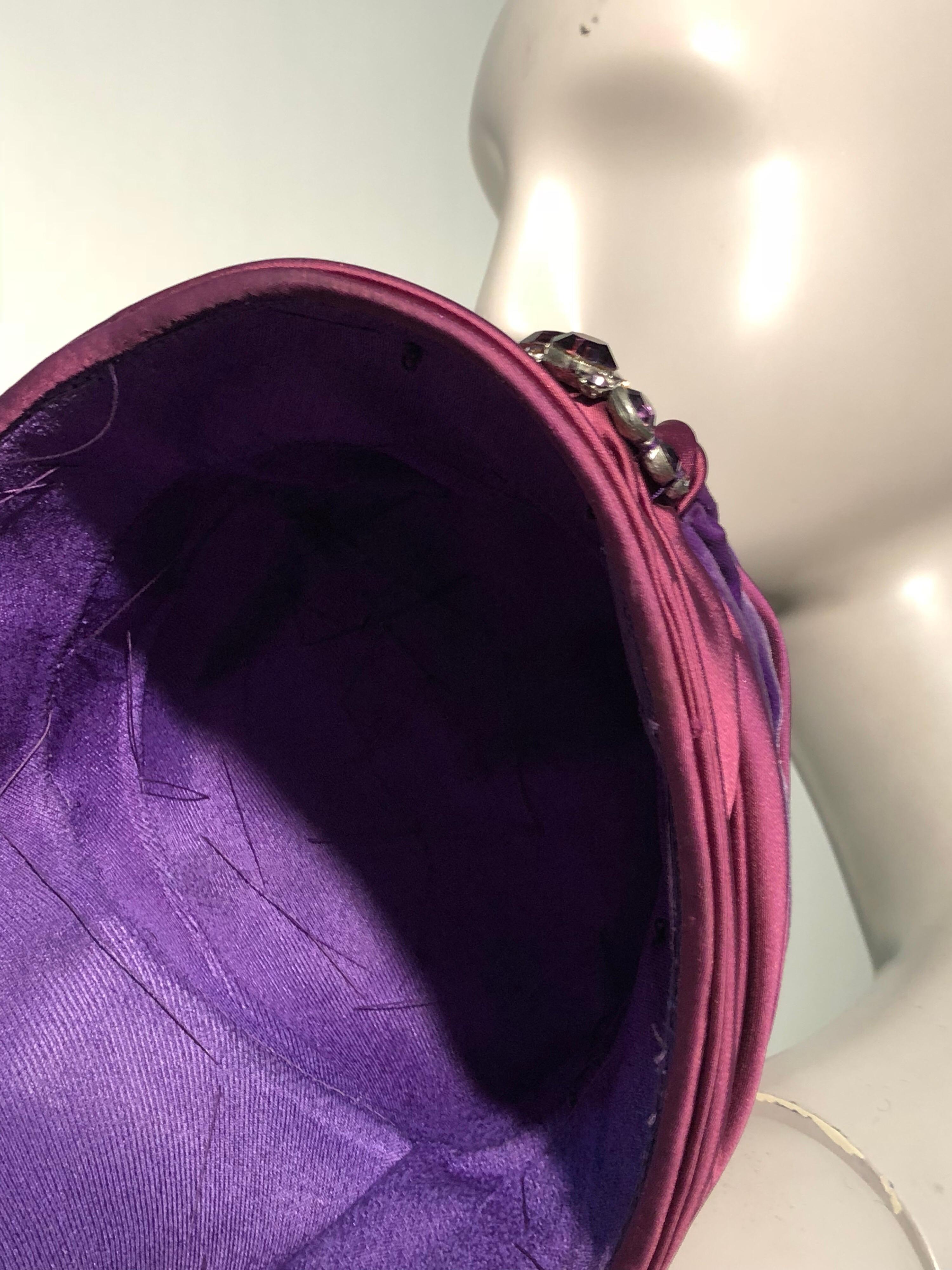 1950s Tri-Color Purple Burgundy and Rhinstone Turban-Styled Evening Hat For Sale 1