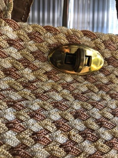 Tri-Tone Straw Woven Square Structured Handbag With Brass Toggle Closure, 1950s