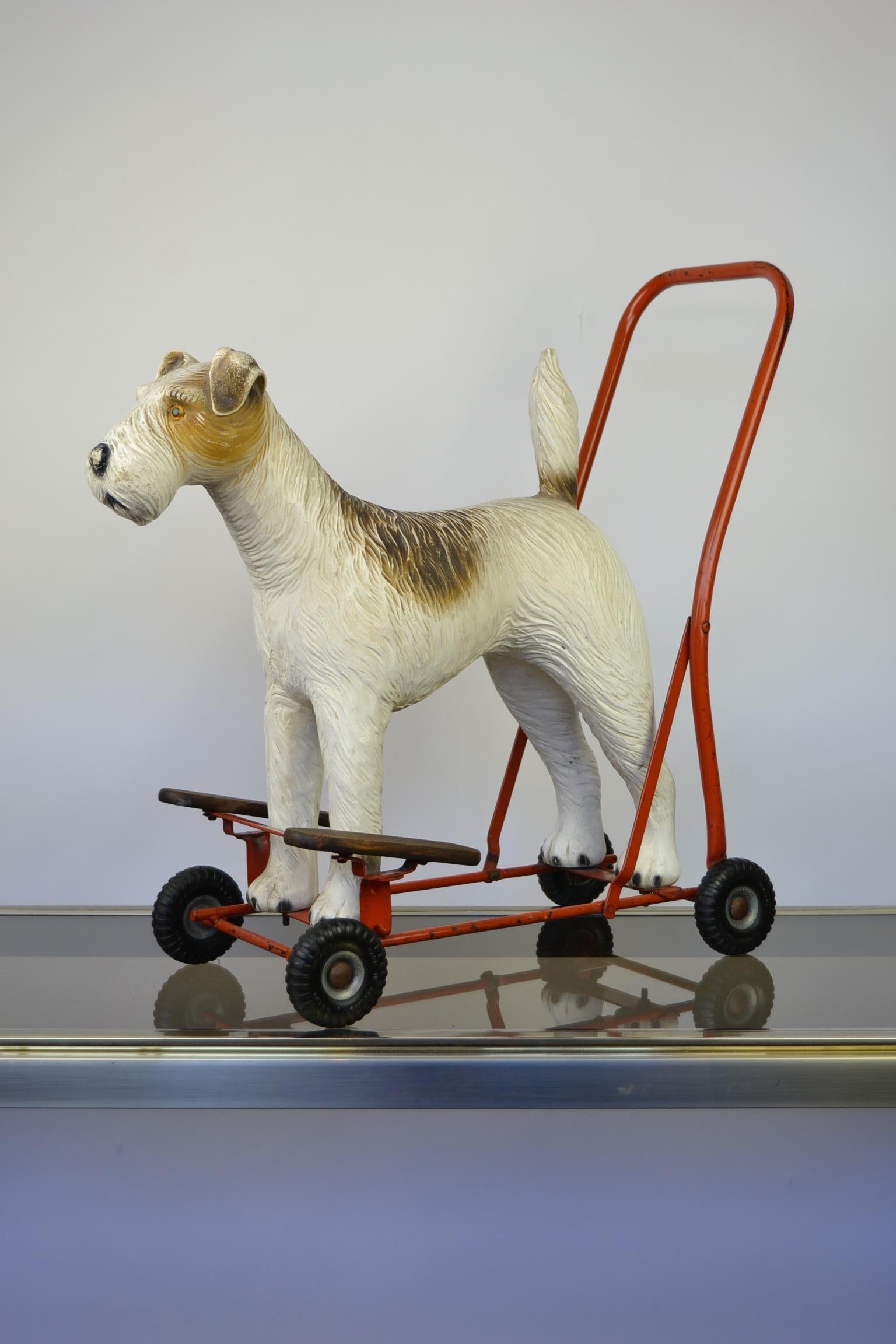 English 1950s Triang Push Along Toy with Fox Terrier Dog
