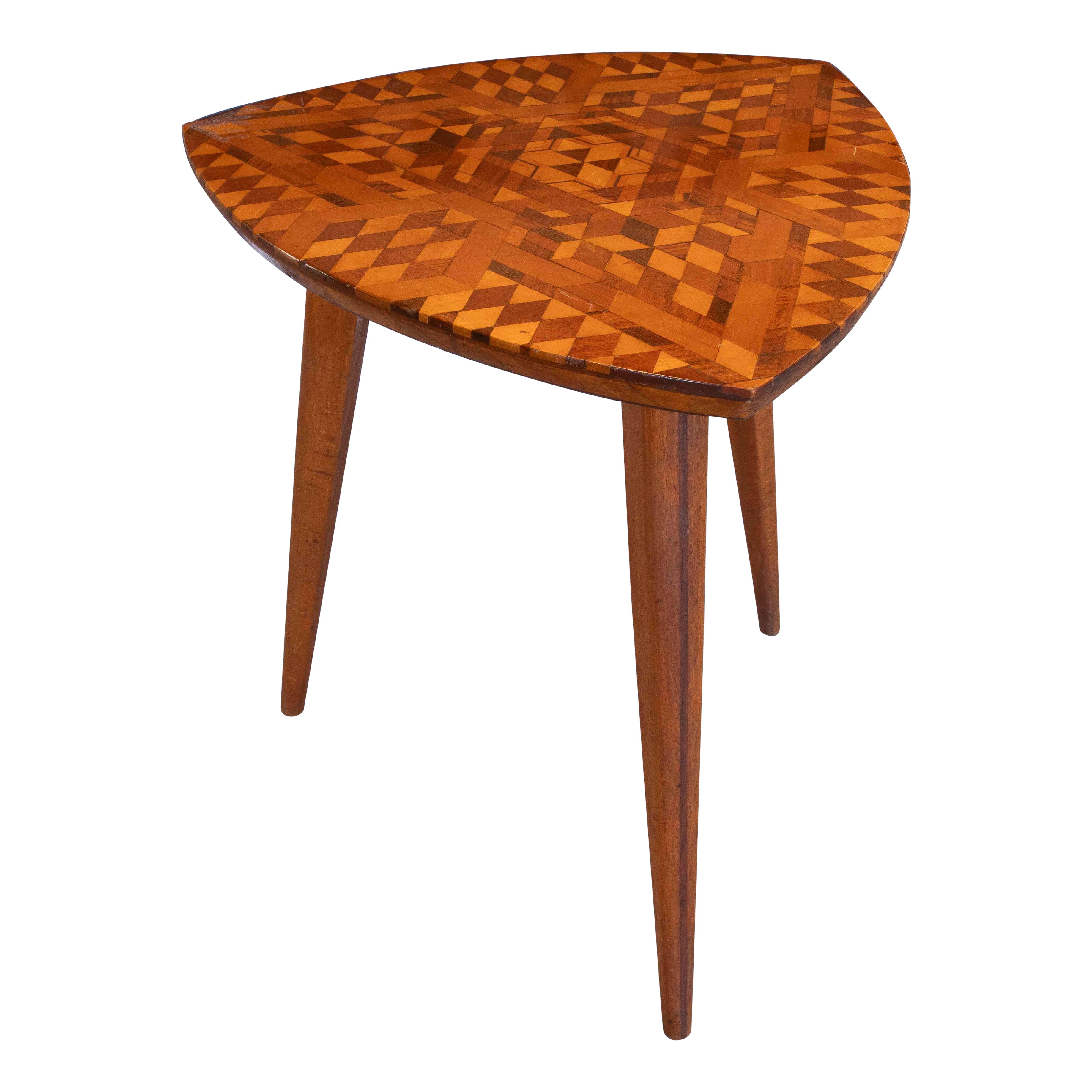 1950s Triangular Side Table with Geometric Marquetry in the Nordic Style For Sale