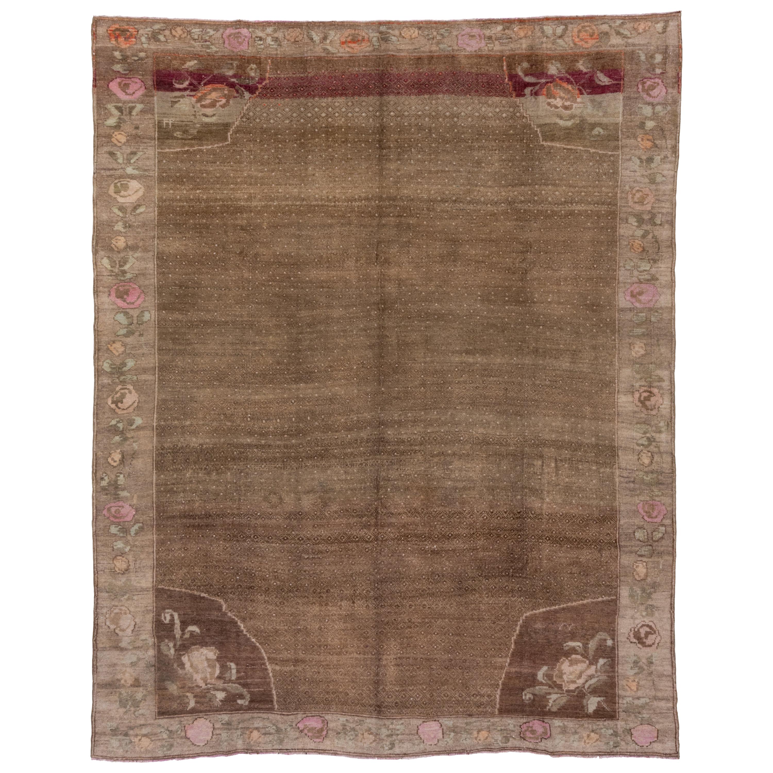 1950s Tribal Turkish Kars Rug, Brown Field, Pink Accents For Sale