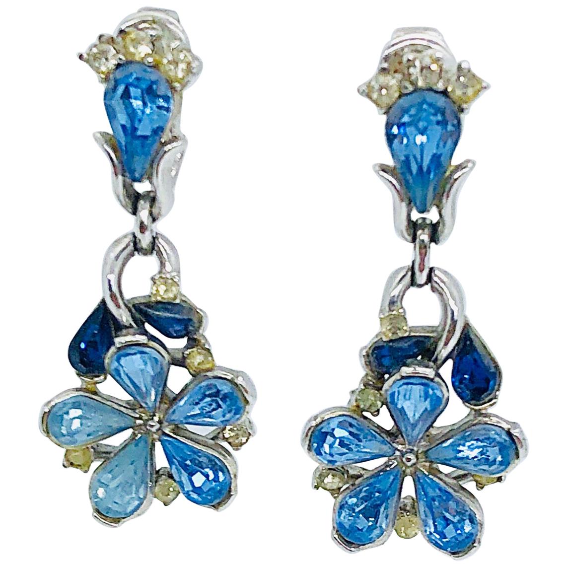 1950s Trifari by Alfred Philippe Blue Rhinestone Vintage Flower Clip On Earrings