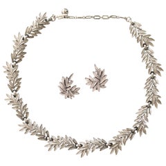 1950s Trifari Organic Modern Silver Leaf Necklace & Earrings Set