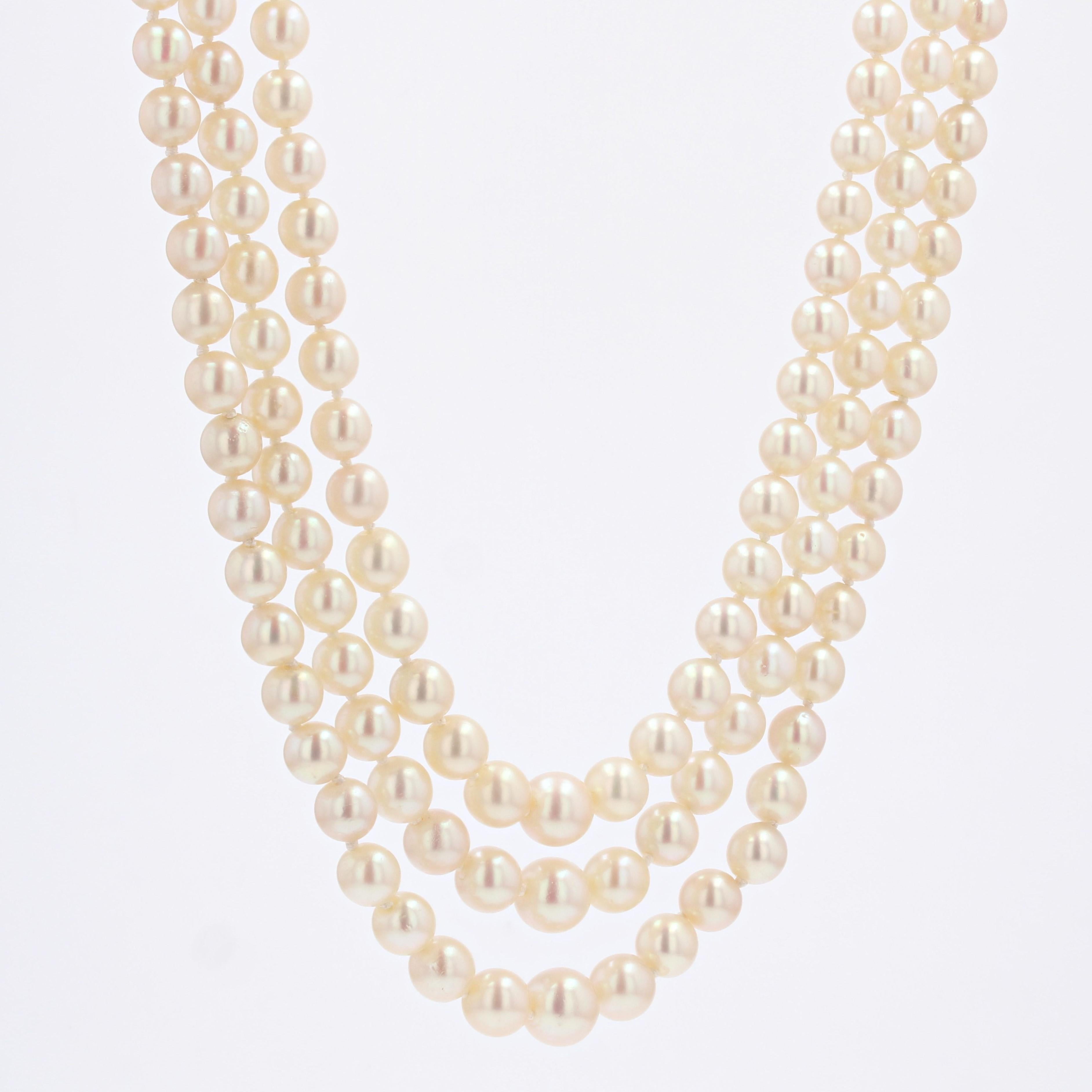 Marquise Cut 1950s Triple Strand Cultured Pearl Necklace For Sale