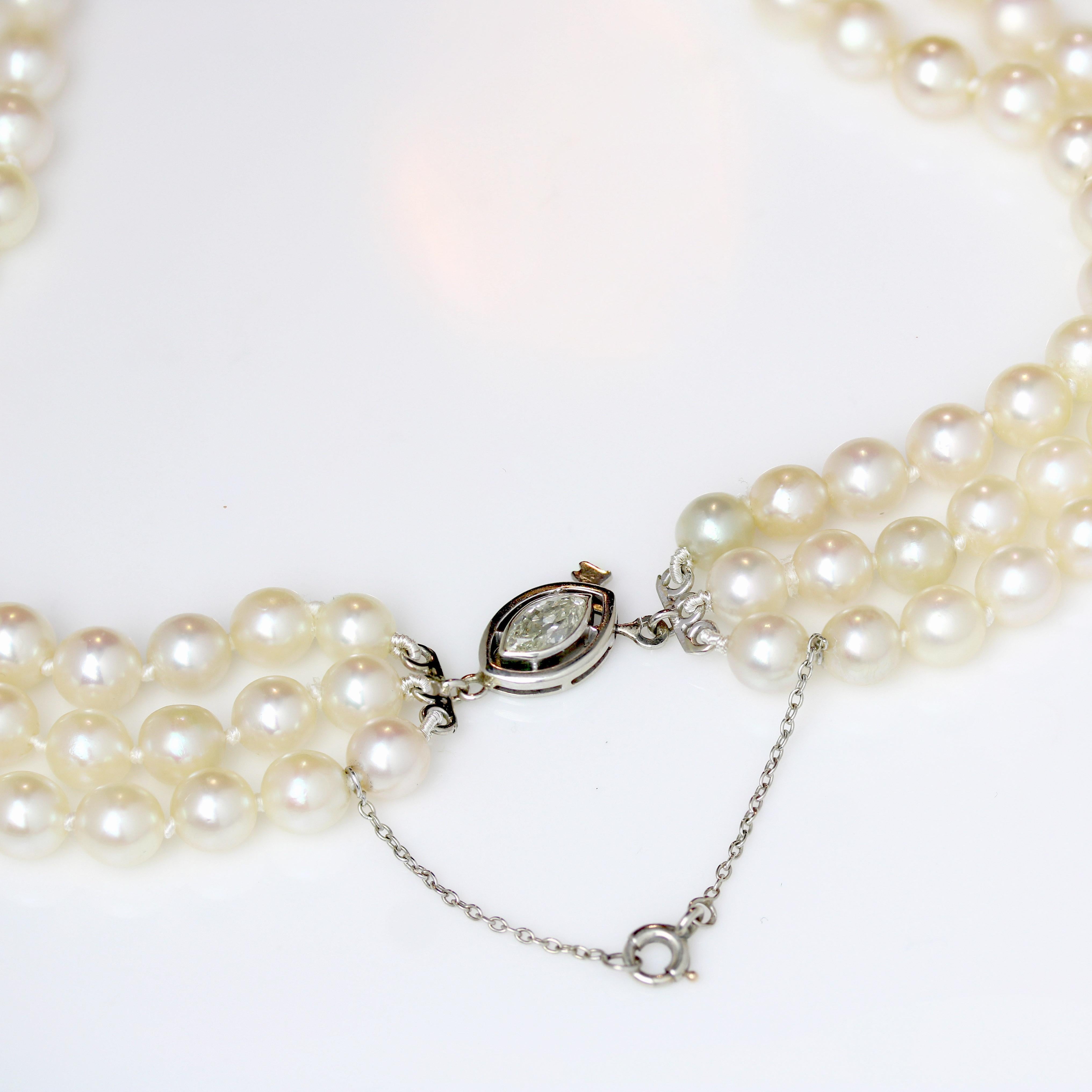 1950s Triple Strand Cultured Pearl Necklace For Sale 1