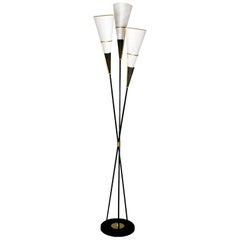 1950s Tripod Standing Lamp, Black Lacquered Steel, Brass, White Silk, France