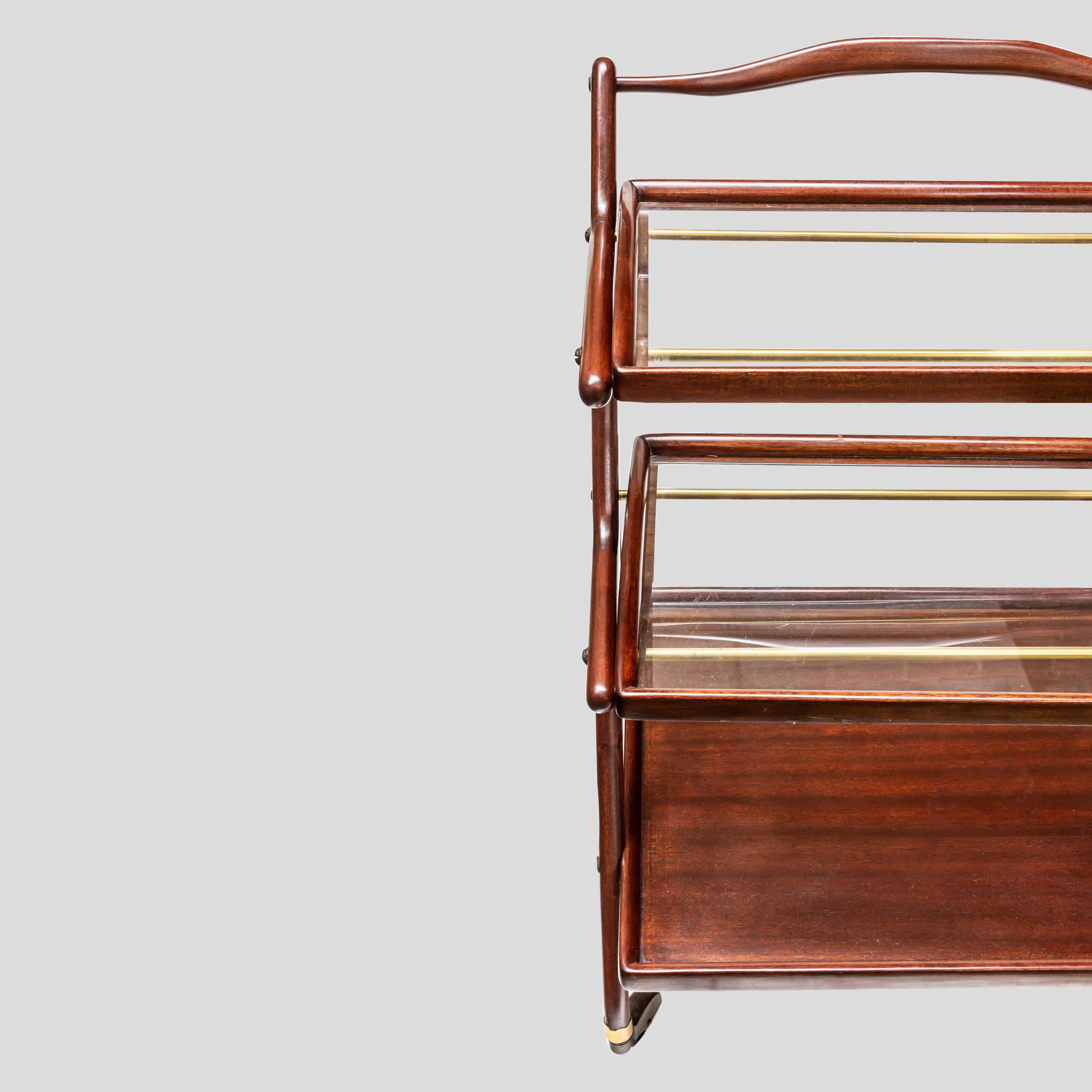 Mid-20th Century 1950s Trolley Three Levels Polished Mahogany Glass Wheels Design by Ico Parisi