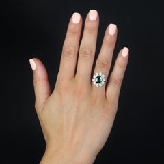 1950s Tsavorite Garnet Diamonds 18 Karat White Gold Daisy Ring