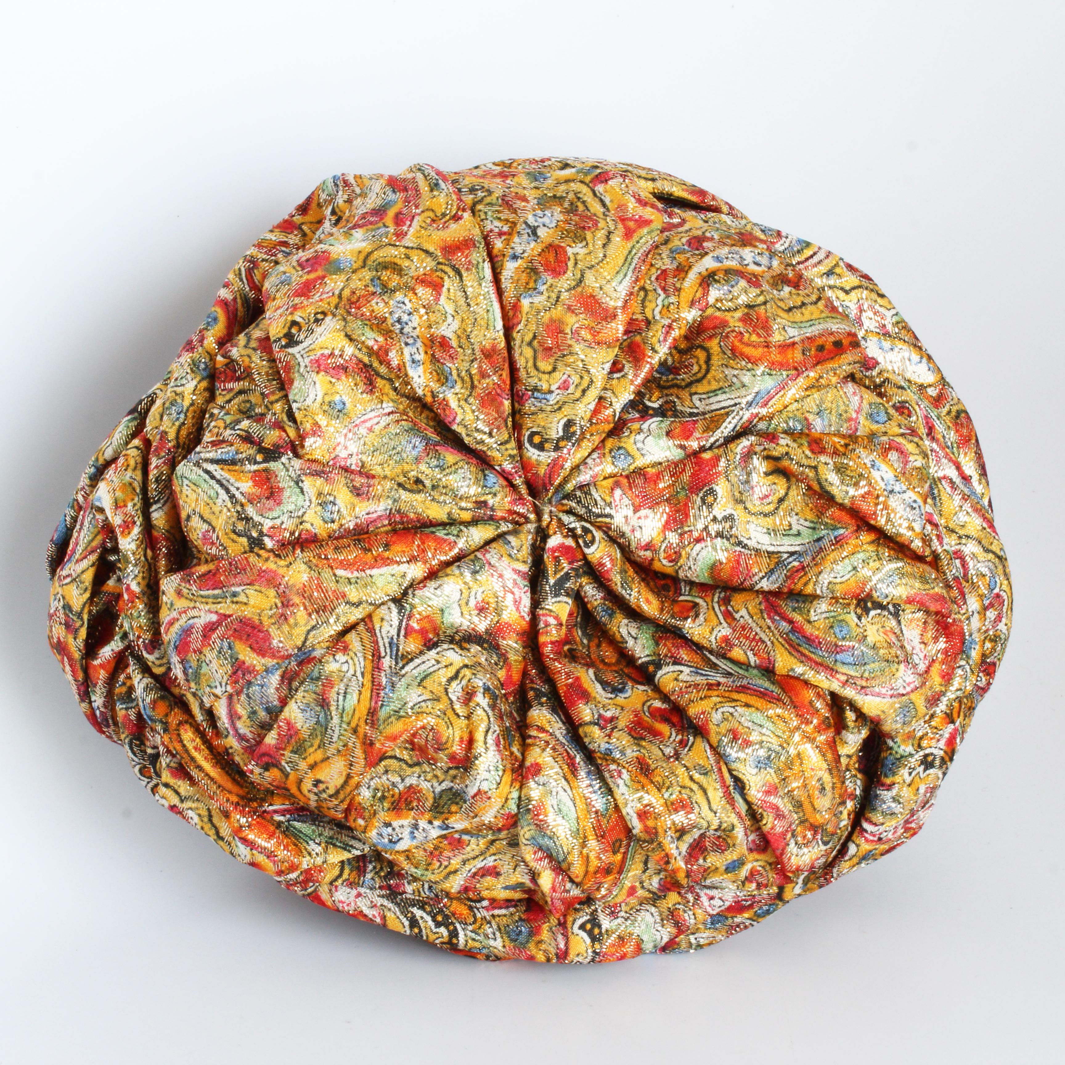 1950s Turban Hat Metallic Paisley Colorful by Marshall Field & Company Rare For Sale 5